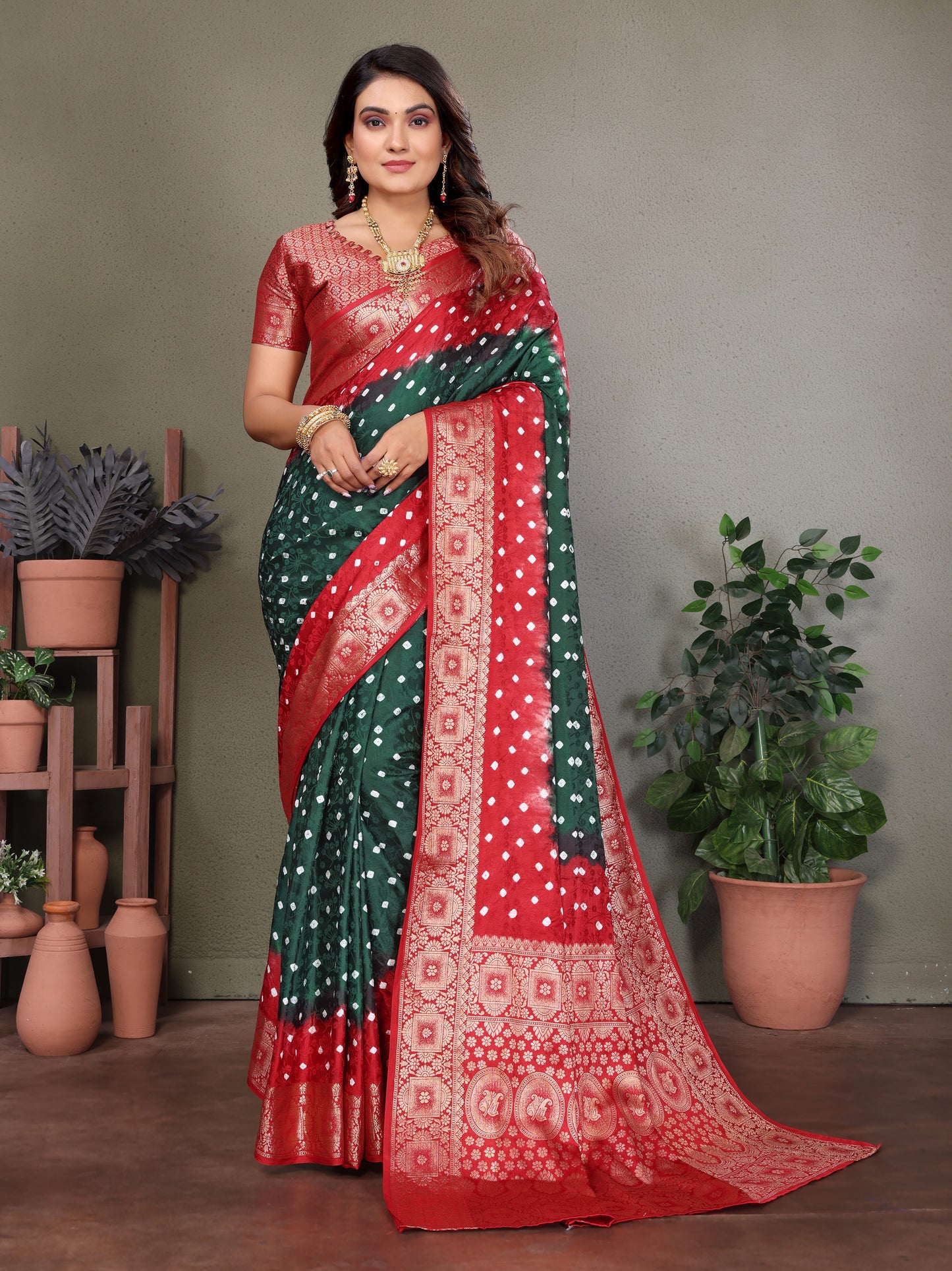 Green Satyavati Bandhej Satin Silk Saree Made By Original Bandhej With Zari Weaving Border