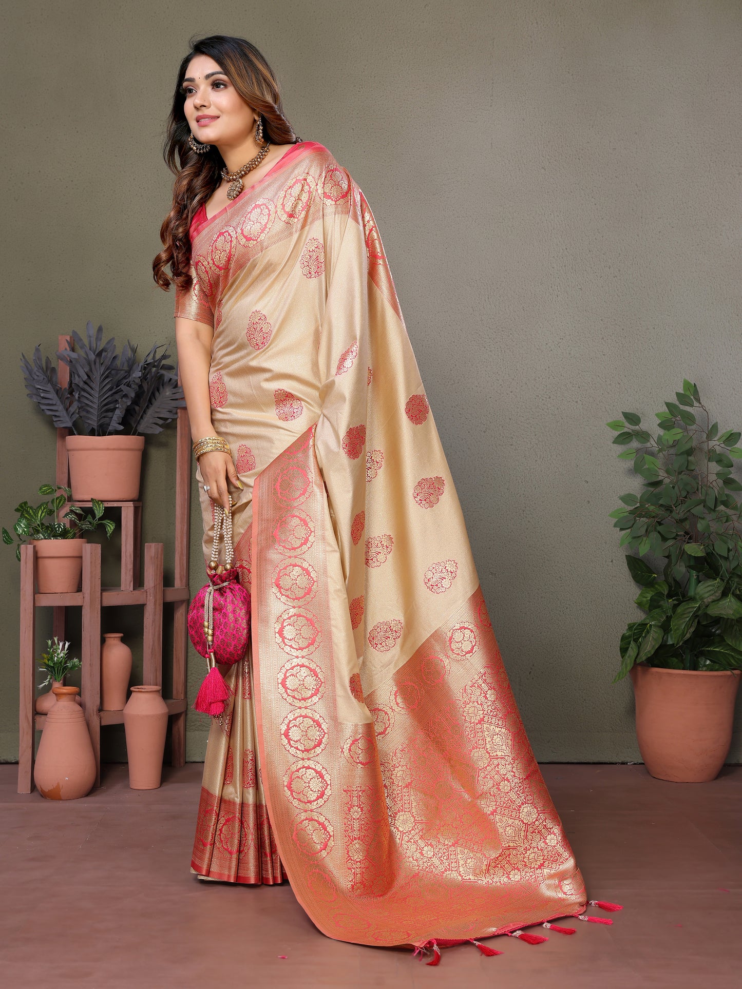Peach Jugani Viscose Silky Sarees And weaving Butties with contrast border, Rich pallu