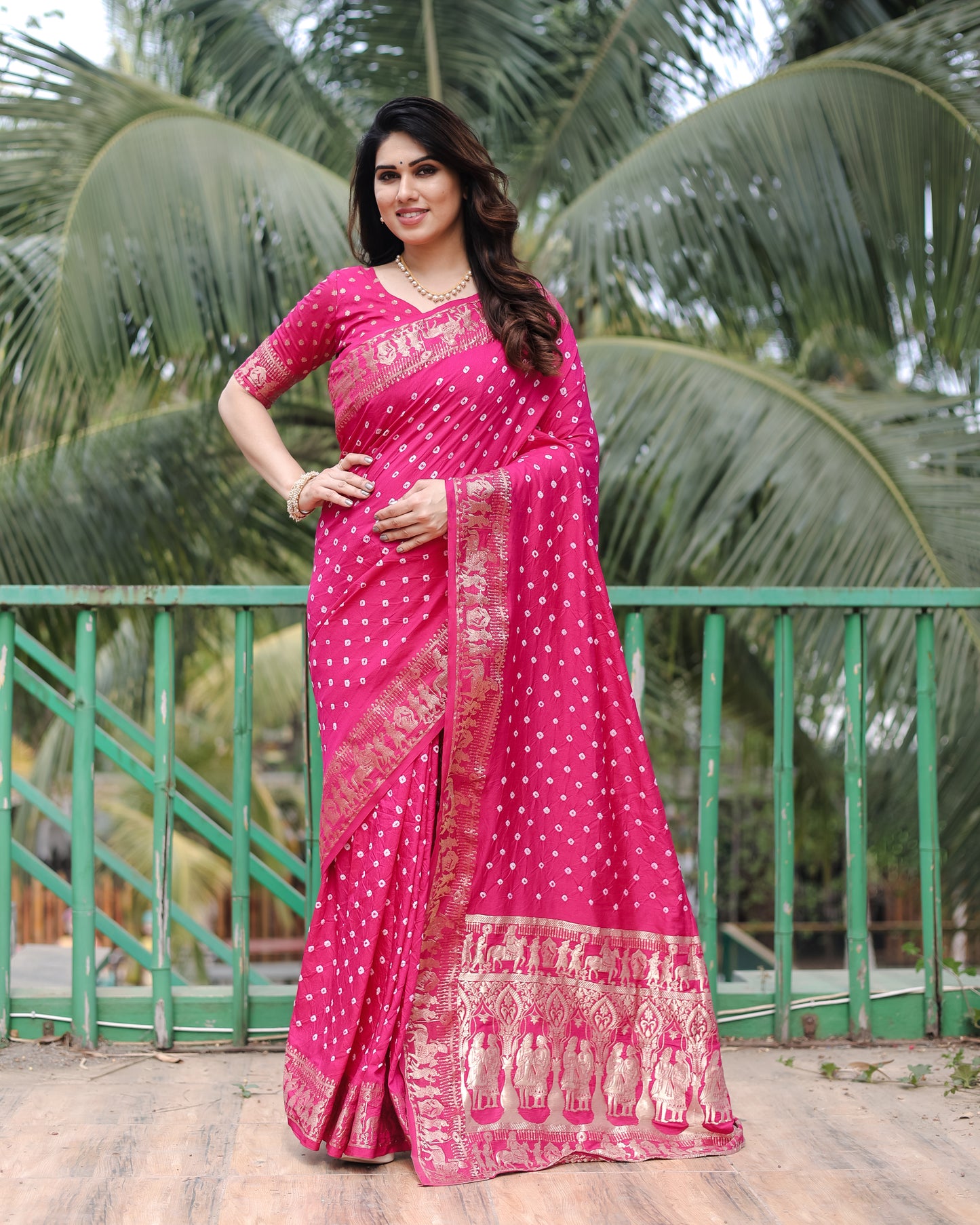 Pink Mausami Pure Bandhej Silk Saree With Zari Weaving Border & Rich Pallu With Beautiful Design And Broad Border
