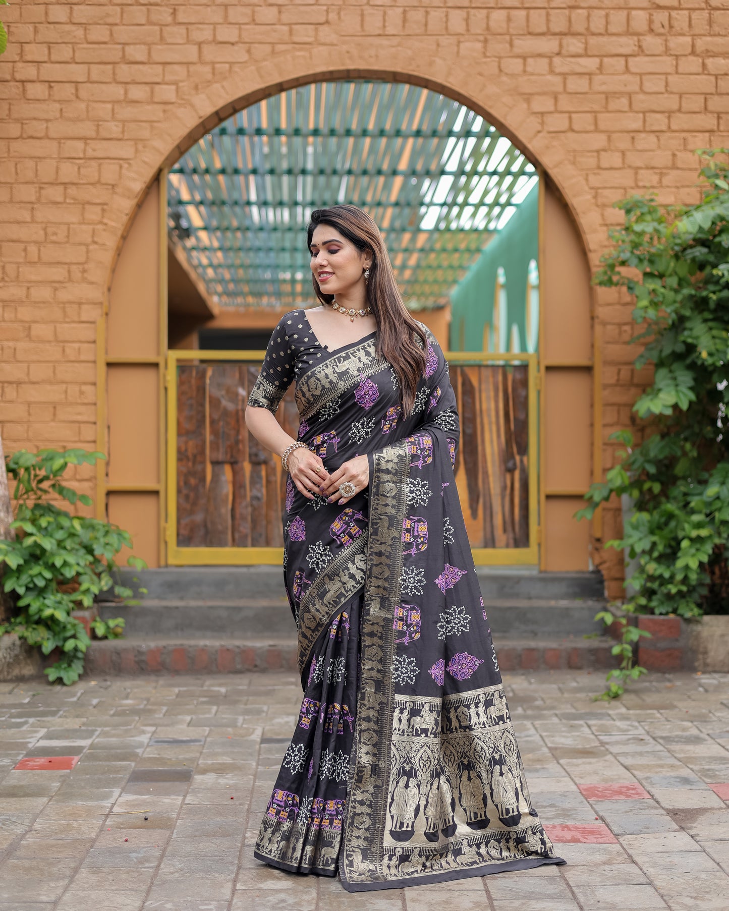 Black Mastani Soft Dola Silk Bandhej Print Sarees With Kanchi Weaving Border And Allover Zari Border