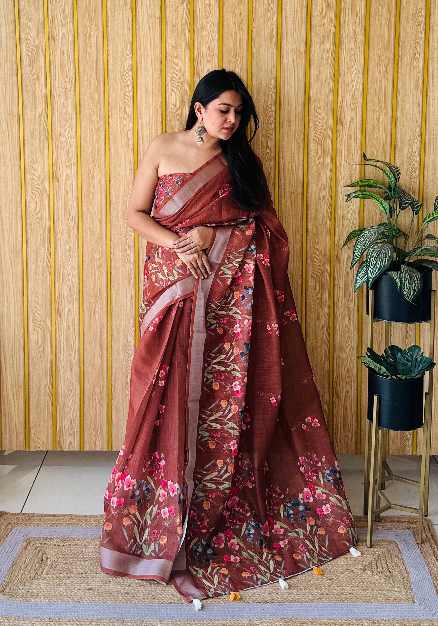 Brown Ritika Soft Linen Cotton Digital Print Saree With Batik Print With Silver Border