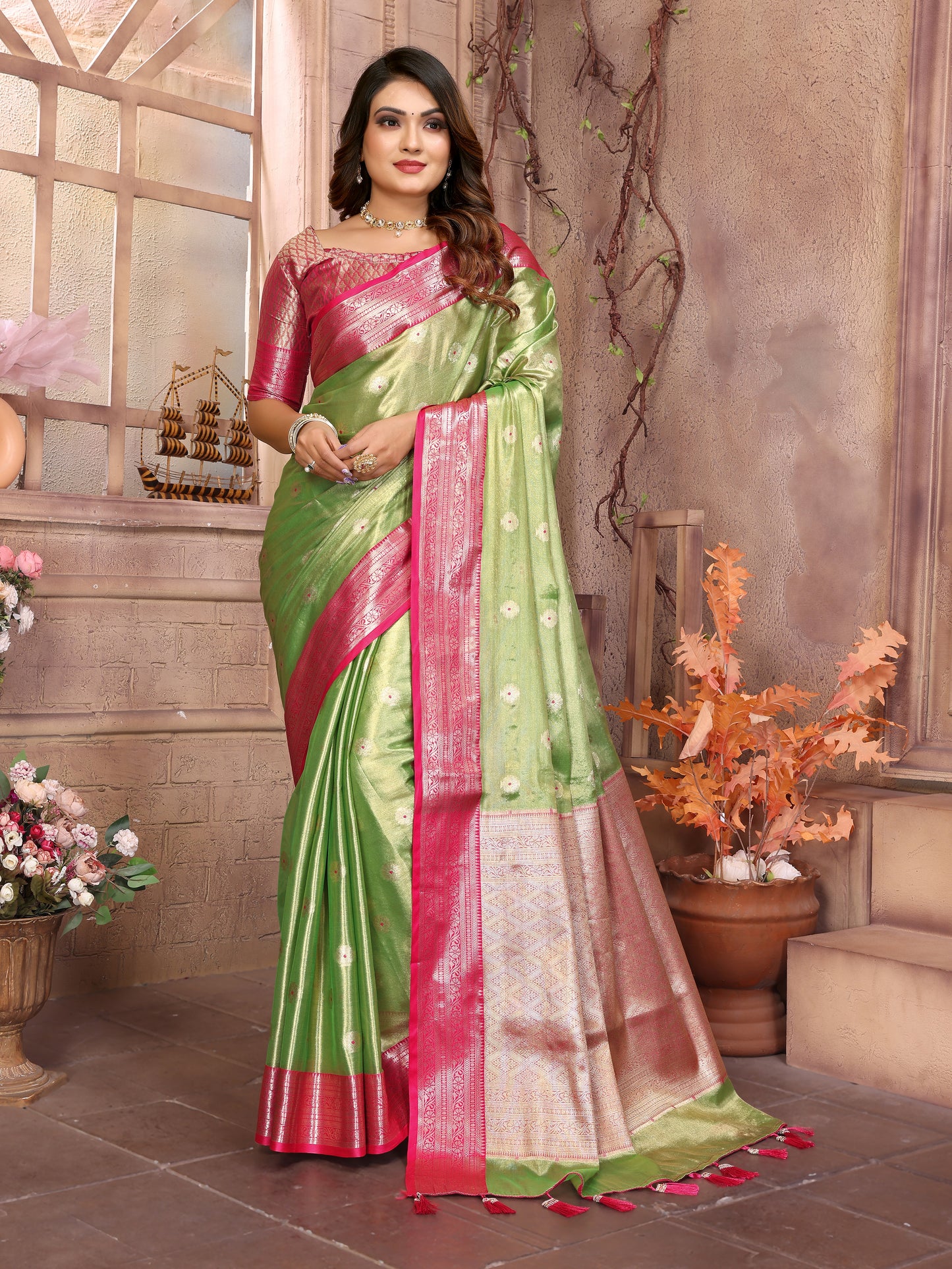 Green Anita Handloom Tissue Silk Sarees with Zari Weaving Designs and Zari borders Rich Pallu