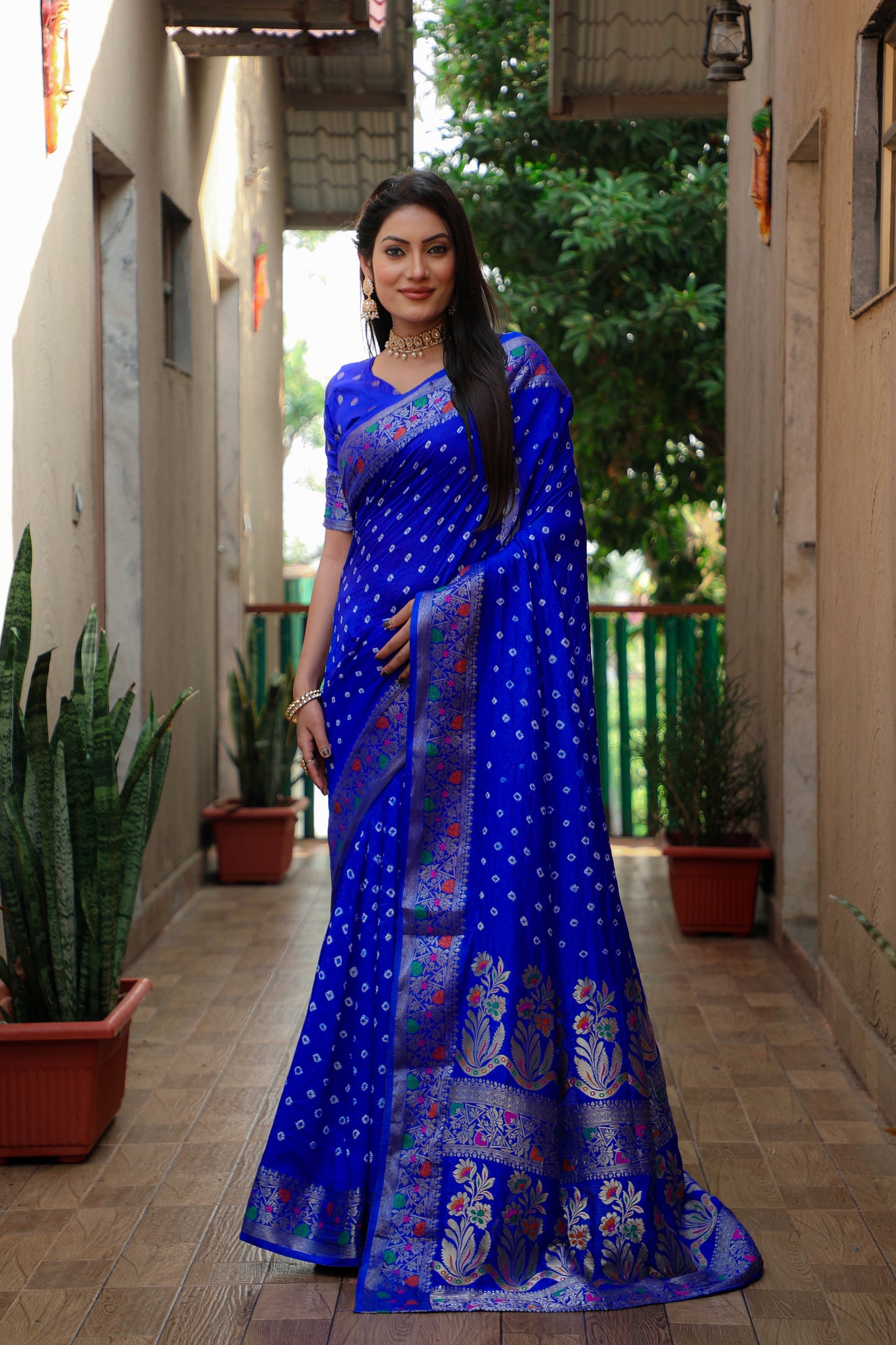 Blue Nazakat Pure Bandhej Silk Saree With Patola Border Zari Weaving Paithani And Paithani Rich Pallu
