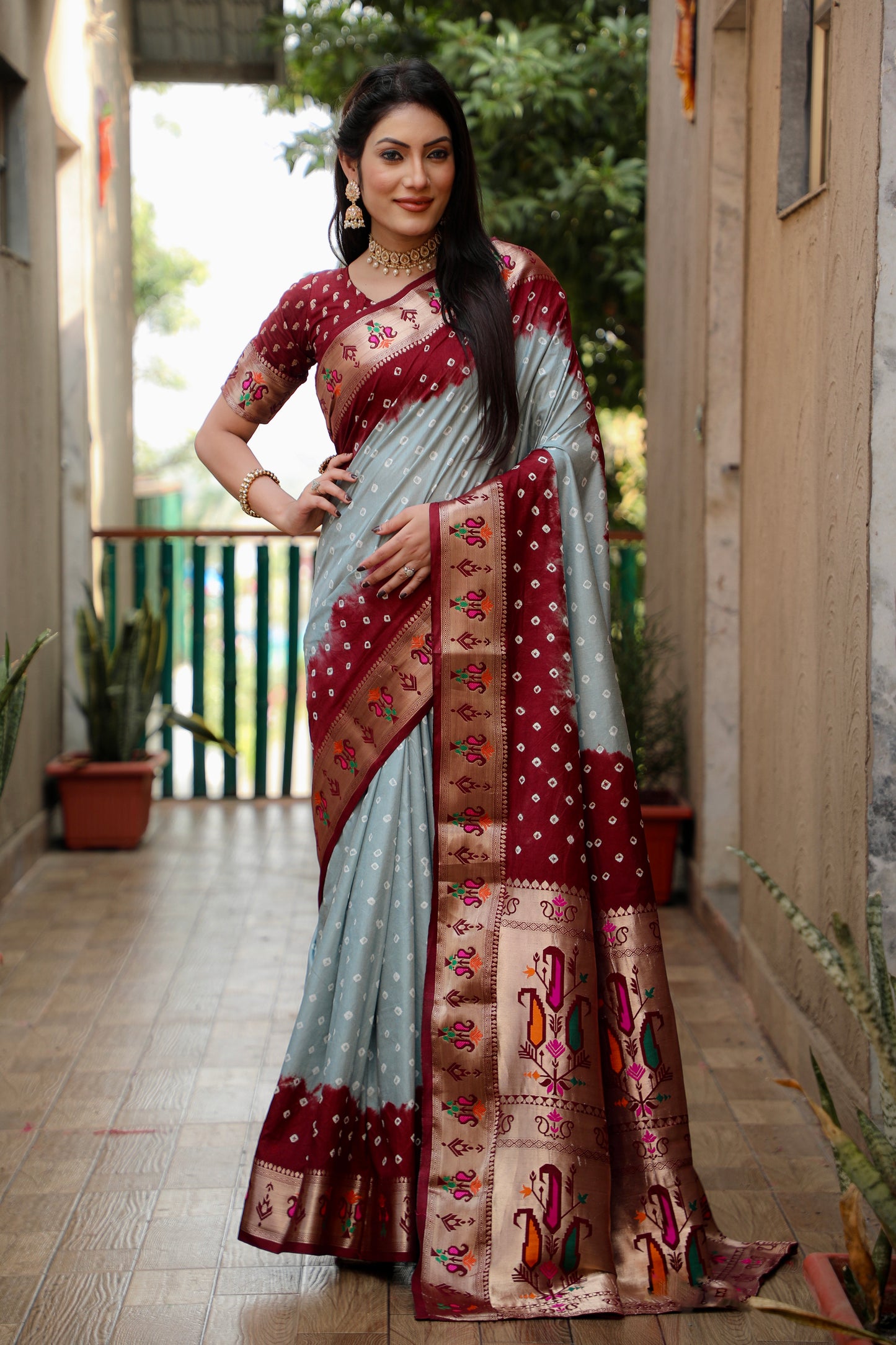 Gray Chandani Dola Soft Silk Bandhej Sarees Jari Paithani Weaving Border & Weaving Paithani Style Rich Pallu