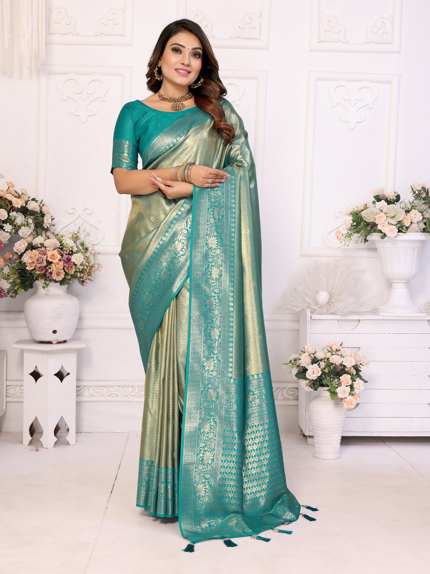 Rama Eshwari Banarasi tissue silk sarees with all over Butti contrast woven borders classic pallu