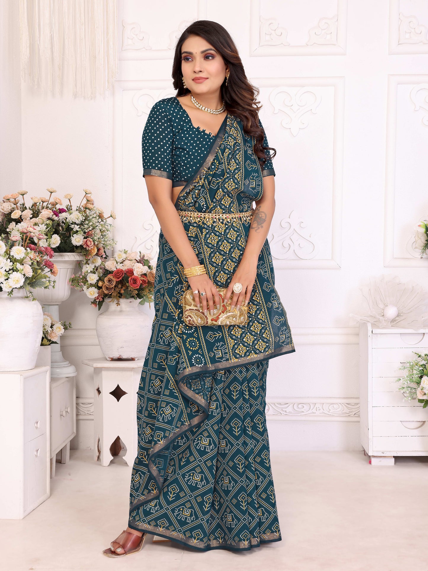 Teal Ambika Pure Patola And Bandhej Pattern Soft Cotton Light Weight Saree