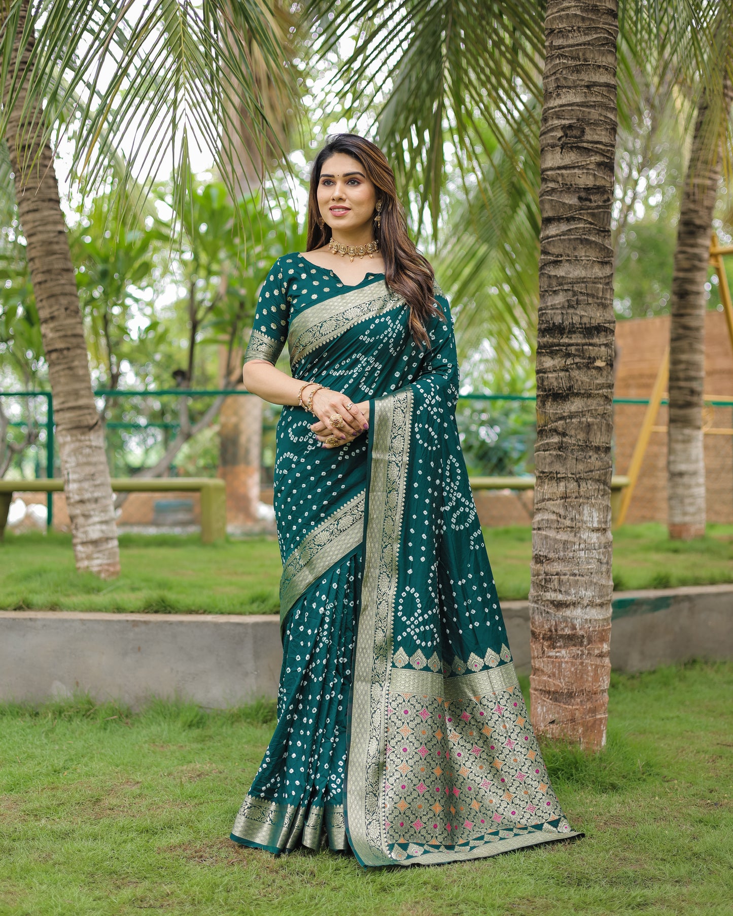 Green Padmavati Dola Soft Silk Bandhej Saree With All Over Handmade Bandhej With Jari Weaving Border