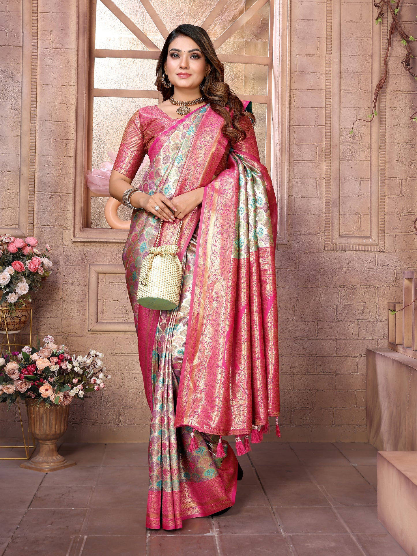 Multi Chaturi-1 Banarasi Chaturi silk saree Jari weaving Border and Weaving rich pallu