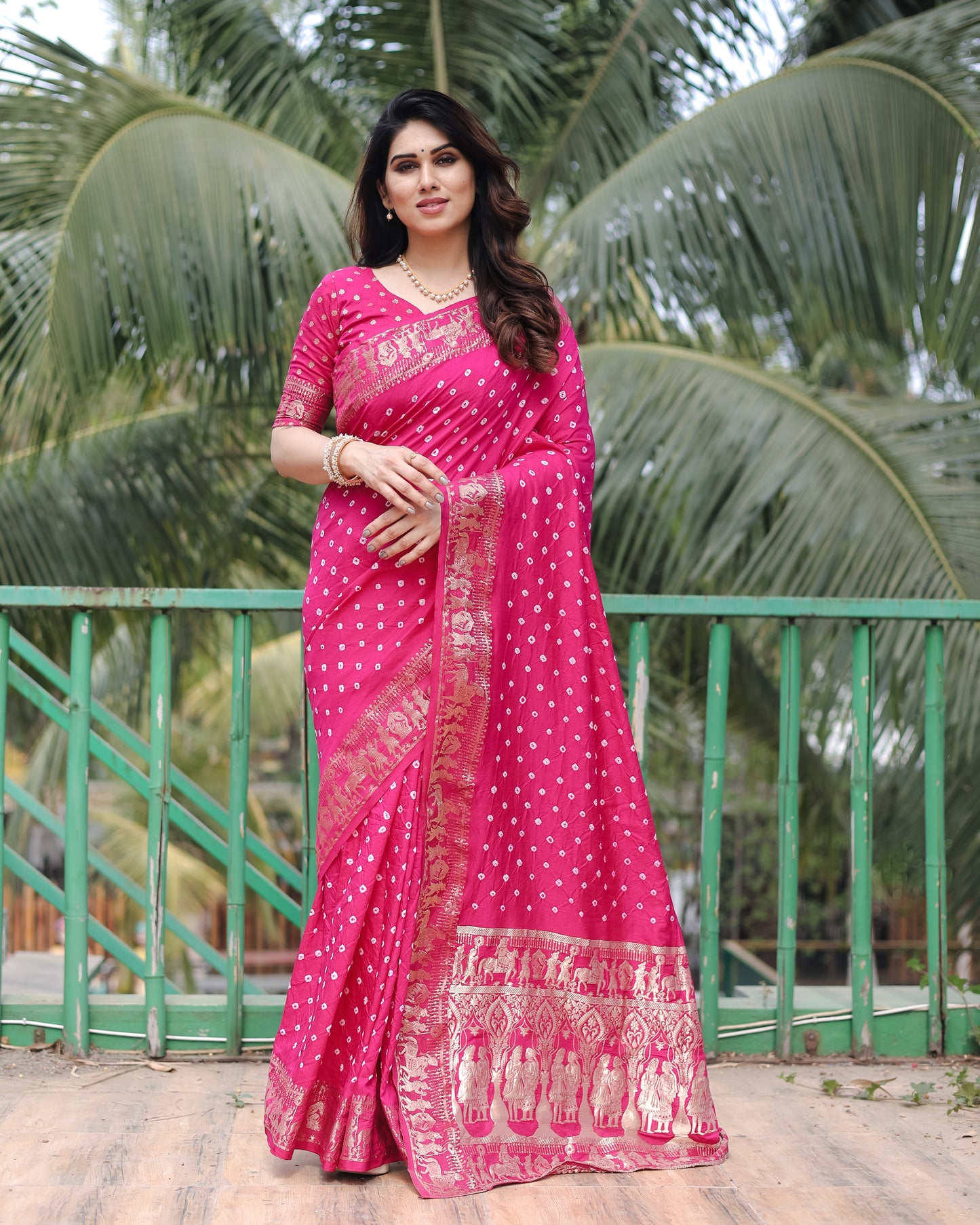 Pink Mausami Pure Bandhej Silk Saree With Zari Weaving Border & Rich Pallu With Beautiful Design And Broad Border