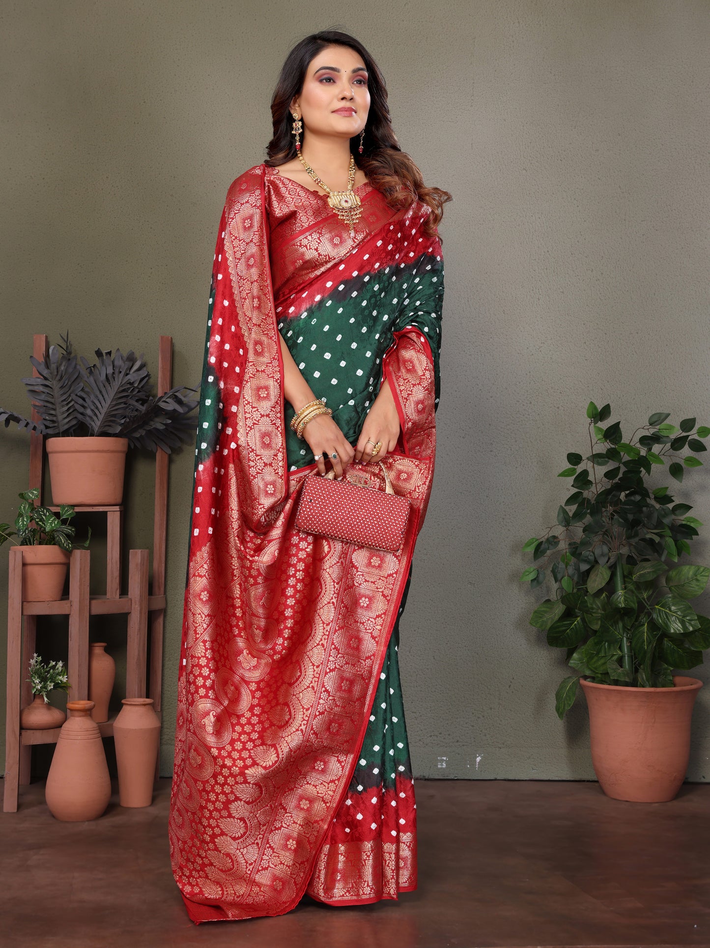 Green Satyavati Bandhej Satin Silk Saree Made By Original Bandhej With Zari Weaving Border