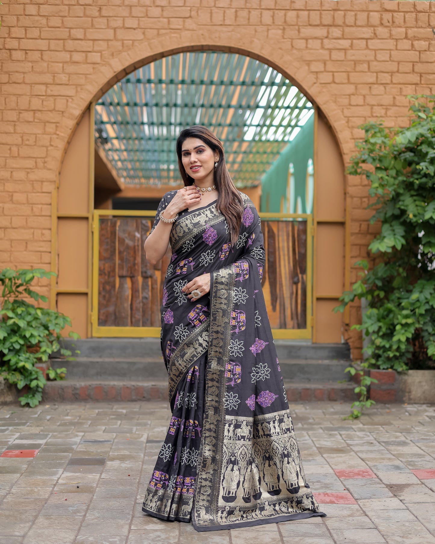 Black Mastani Soft Dola Silk Bandhej Print Sarees With Kanchi Weaving Border And Allover Zari Border