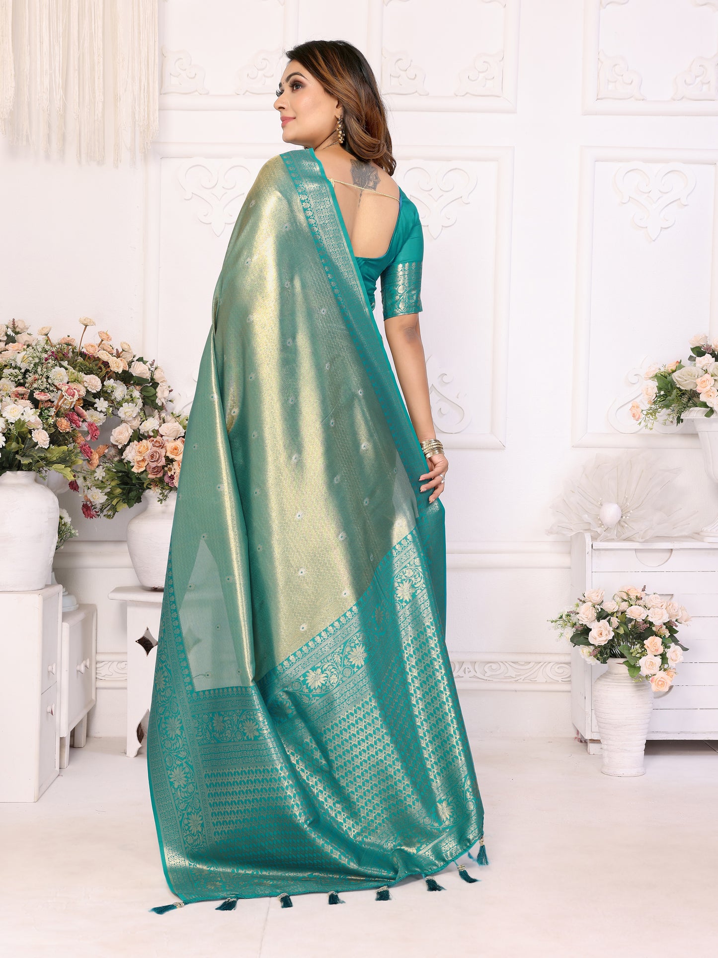 Rama Eshwari Banarasi tissue silk sarees with all over Butti contrast woven borders classic pallu