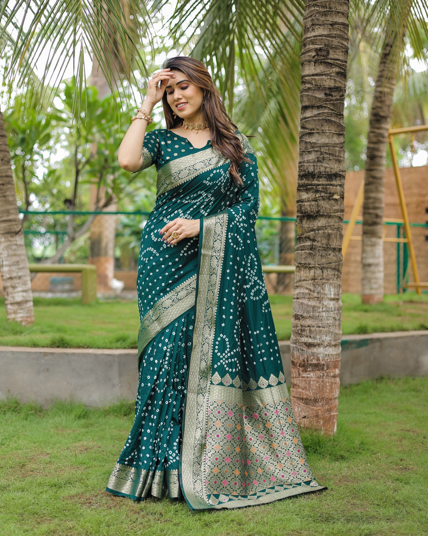 Green Padmavati Dola Soft Silk Bandhej Saree With All Over Handmade Bandhej With Jari Weaving Border