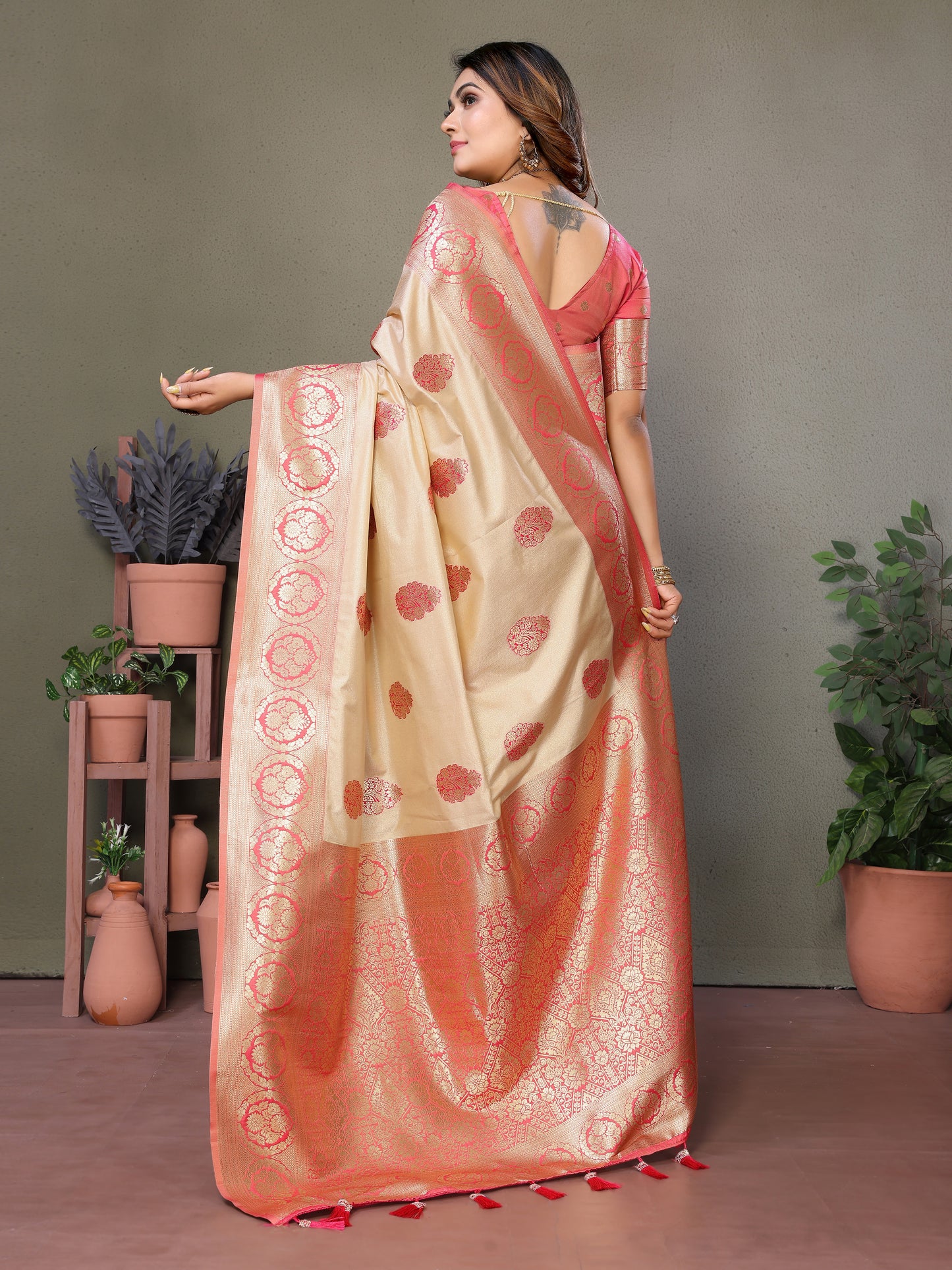 Peach Jugani Viscose Silky Sarees And weaving Butties with contrast border, Rich pallu