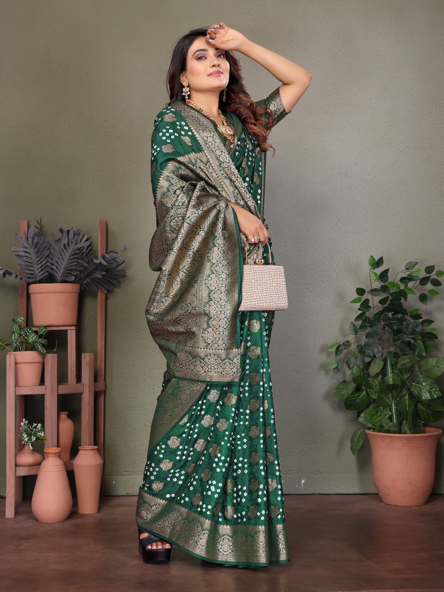 Green Shakuntala Bandhej Silk Saree With Zari Weaving Butta & Zari Rich Pallu With Beautiful Design & Broad Border