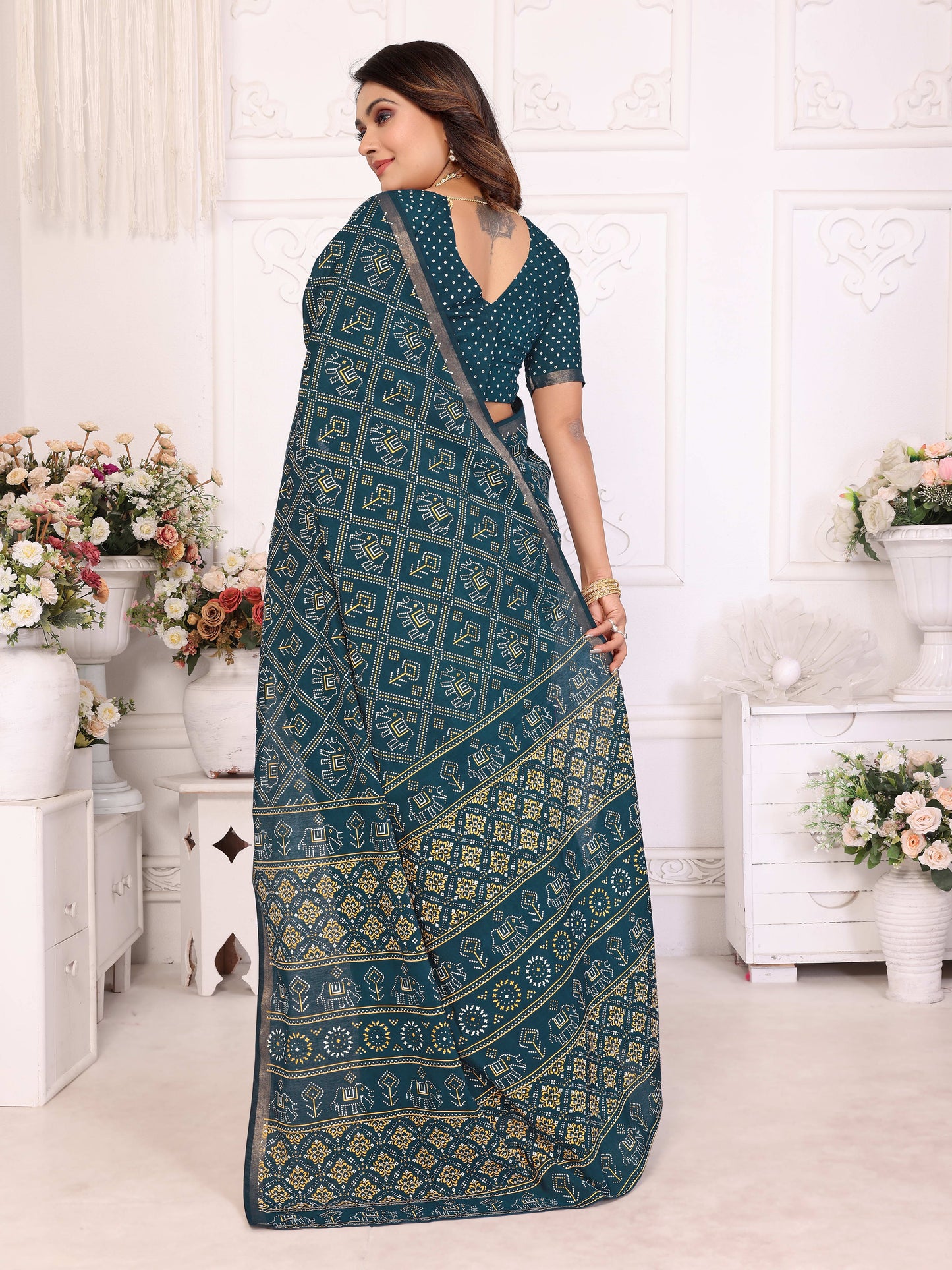 Teal Ambika Pure Patola And Bandhej Pattern Soft Cotton Light Weight Saree