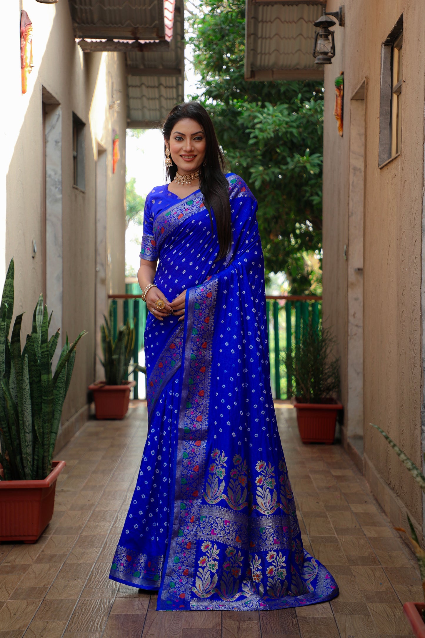 Blue Nazakat Pure Bandhej Silk Saree With Patola Border Zari Weaving Paithani And Paithani Rich Pallu