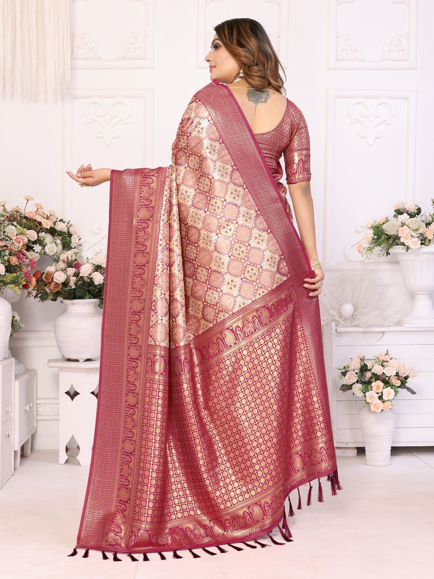 Brown Chaturi-2 Banarasi Chaturi silk saree Jari weaving Border and Weaving rich pallu