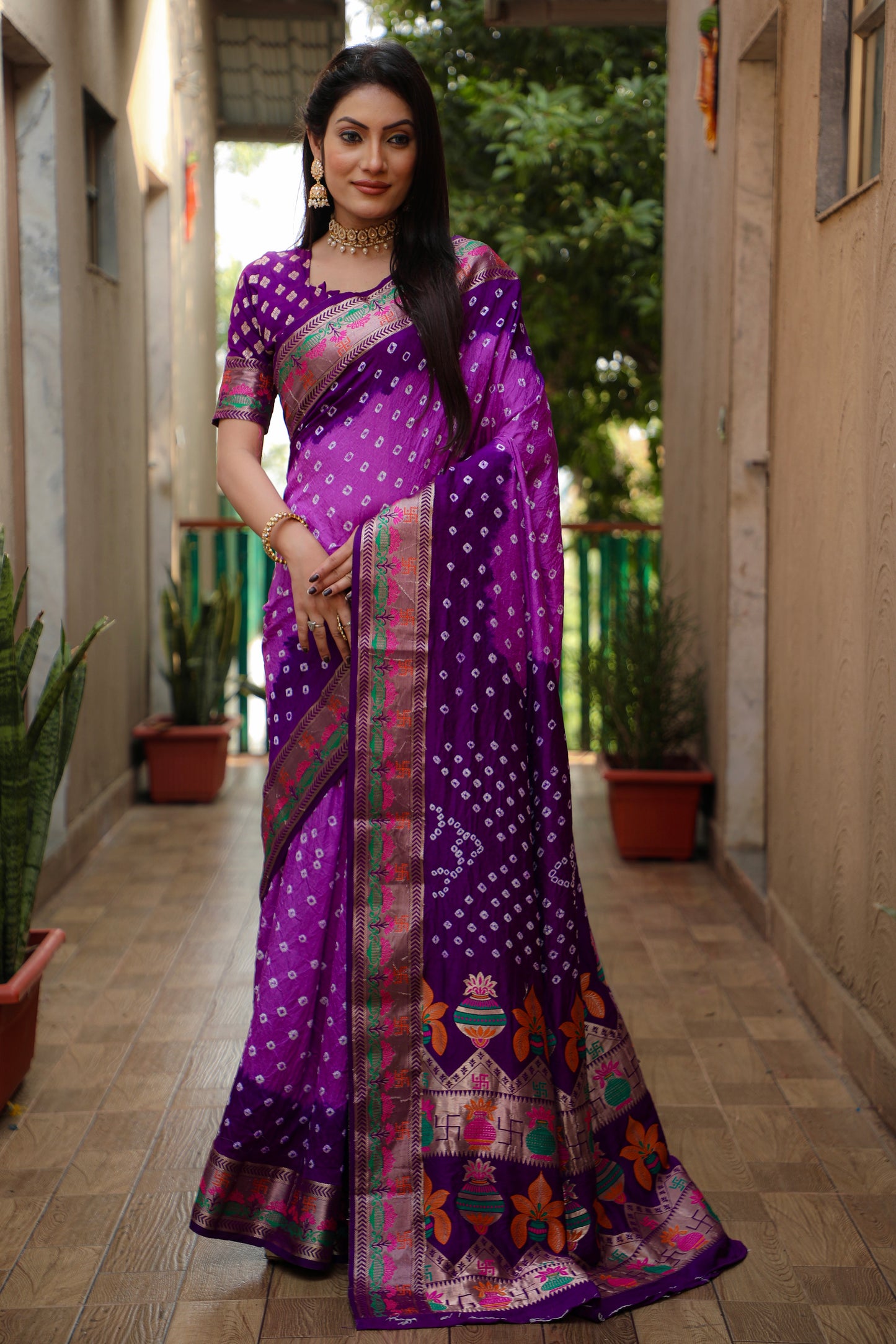 Purple Swastik Pure Bandhej Silk Saree With Minakari Border Kalash & Swastik Design Rich Pallu Saree