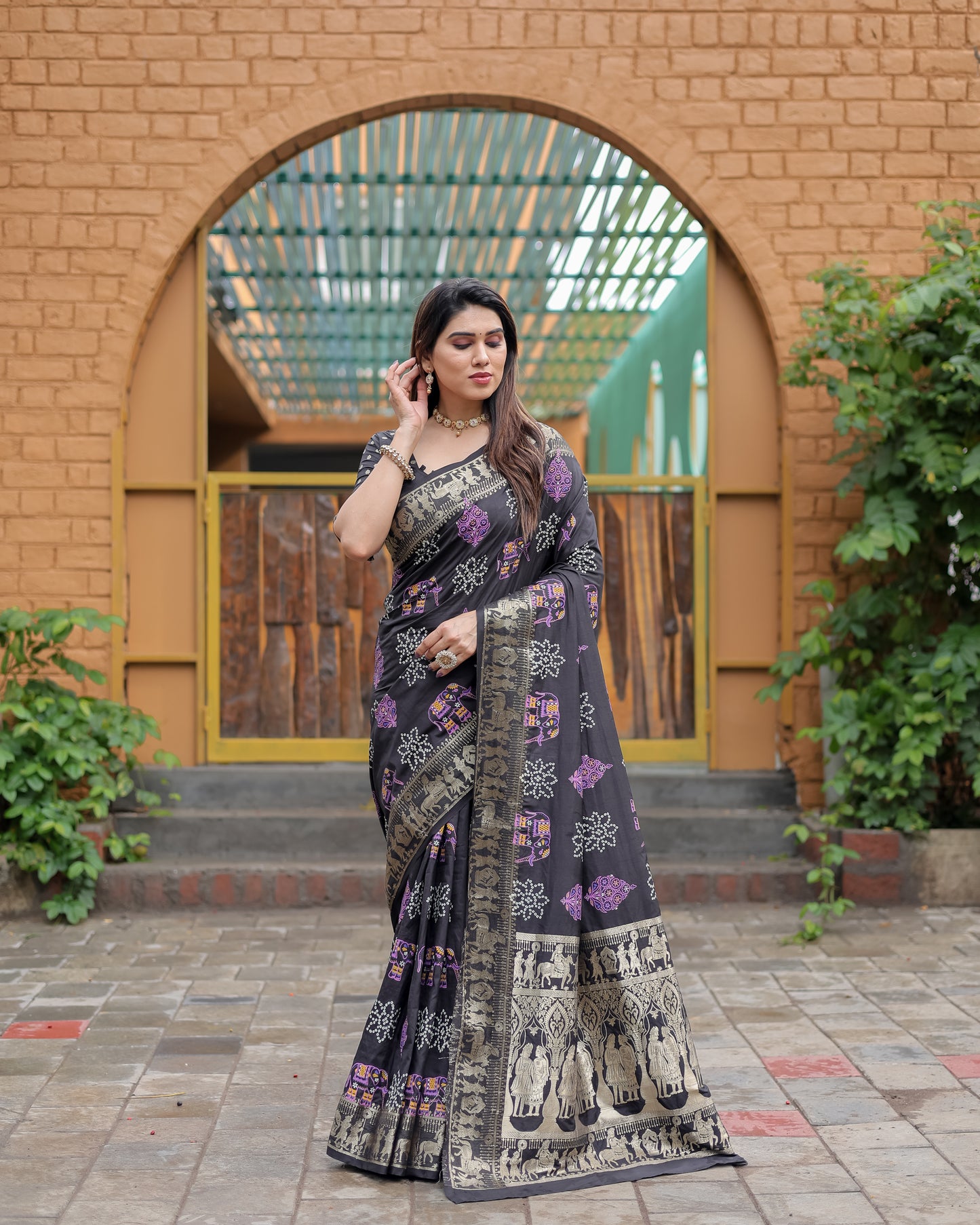 Black Mastani Soft Dola Silk Bandhej Print Sarees With Kanchi Weaving Border And Allover Zari Border