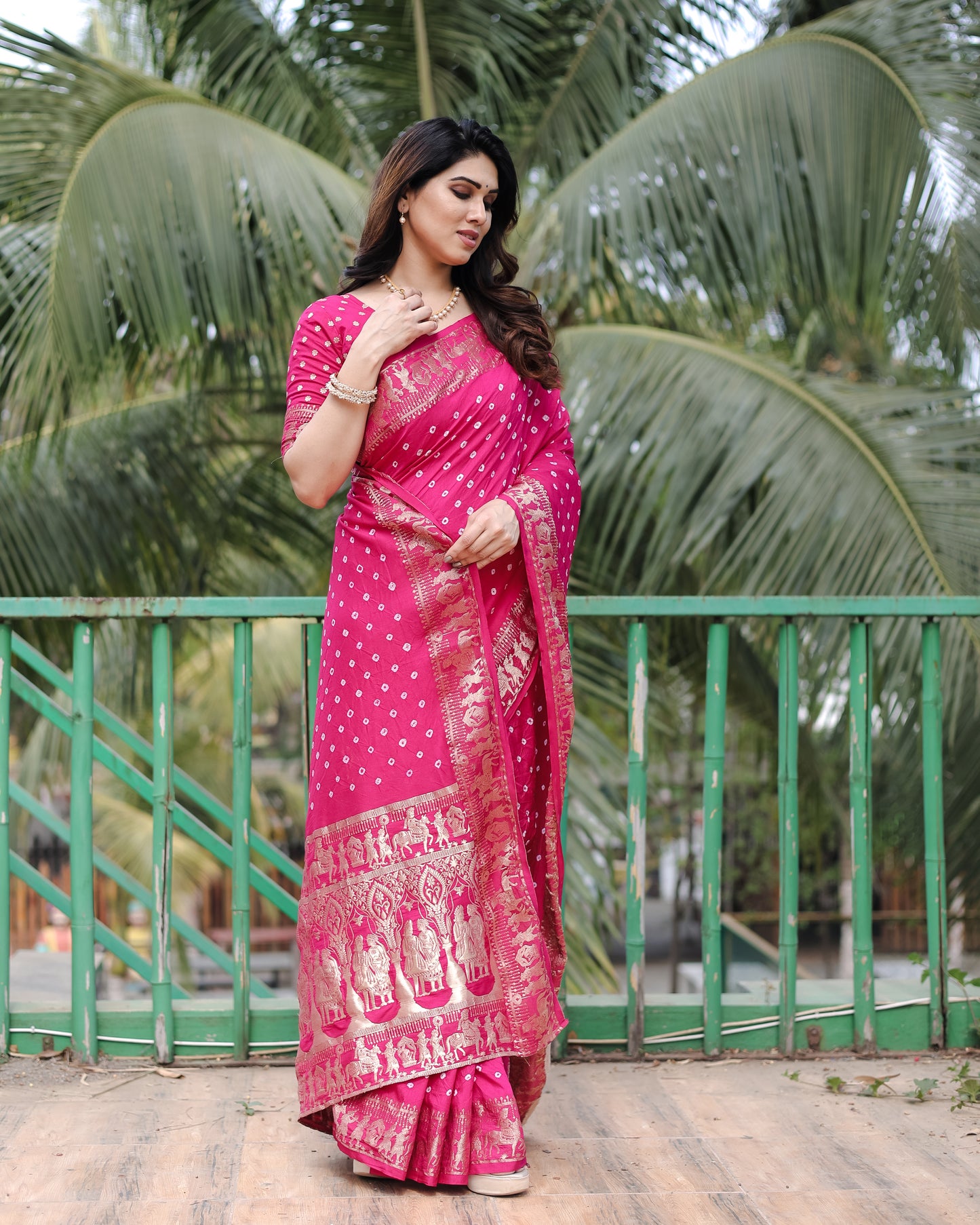 Pink Mausami Pure Bandhej Silk Saree With Zari Weaving Border & Rich Pallu With Beautiful Design And Broad Border