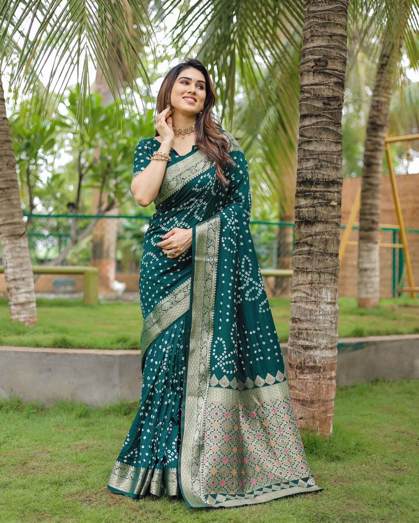 Green Padmavati Dola Soft Silk Bandhej Saree With All Over Handmade Bandhej With Jari Weaving Border