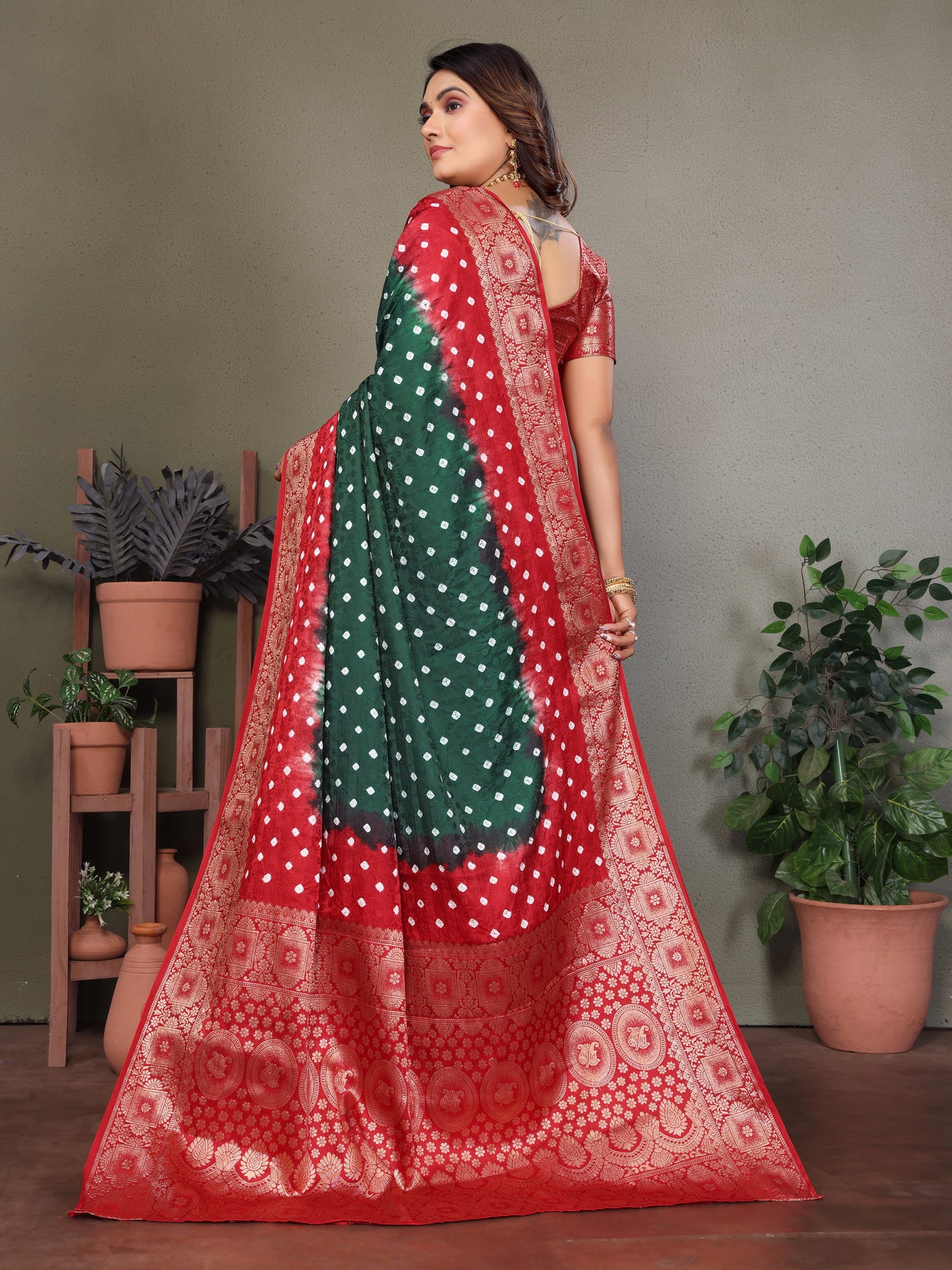 Green Satyavati Bandhej Satin Silk Saree Made By Original Bandhej With Zari Weaving Border