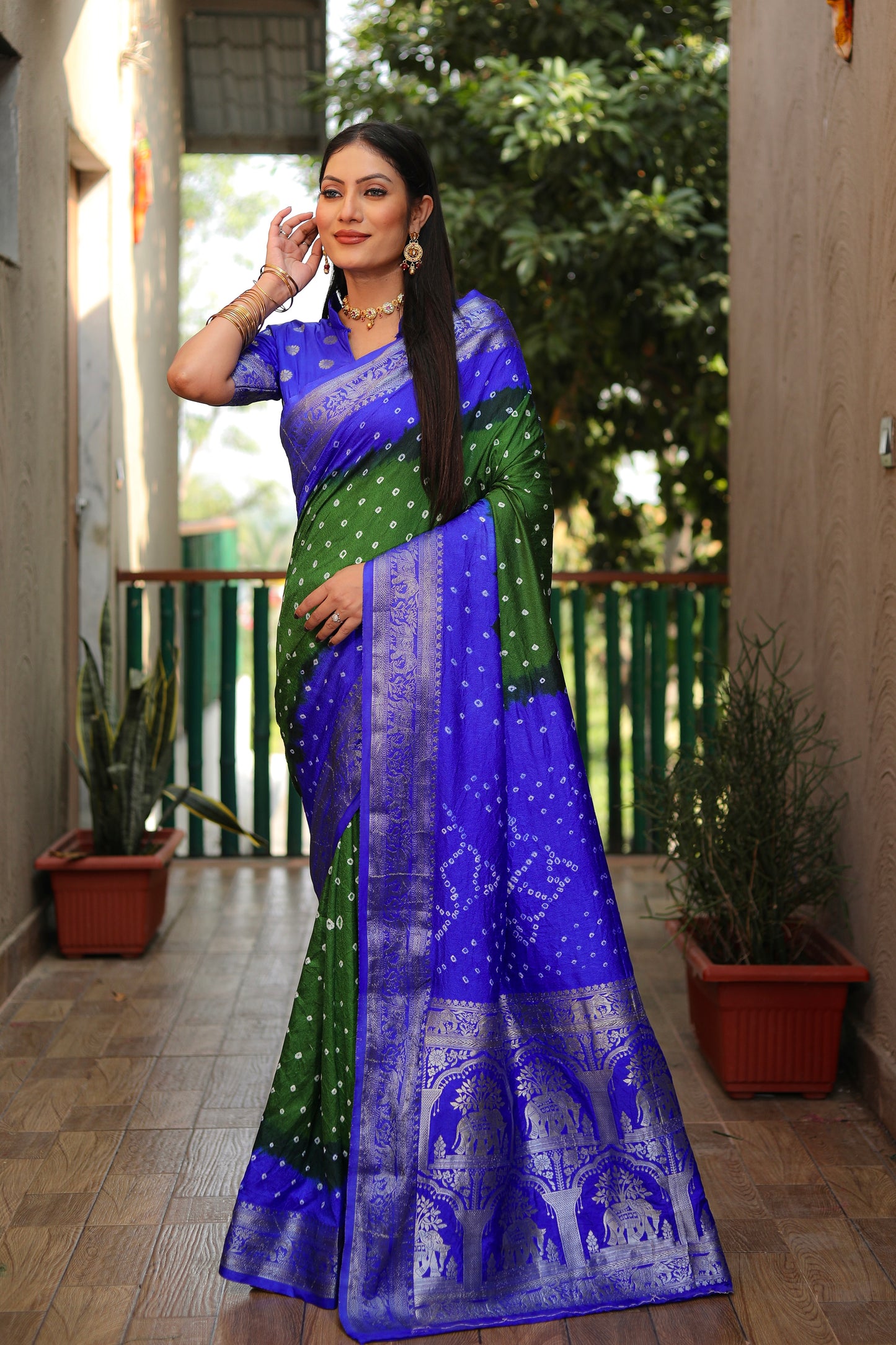 Green Vahini Pure Bandhej Silk Saree With Bandhej Border & Zari Weaving Rich Tissue Pallu