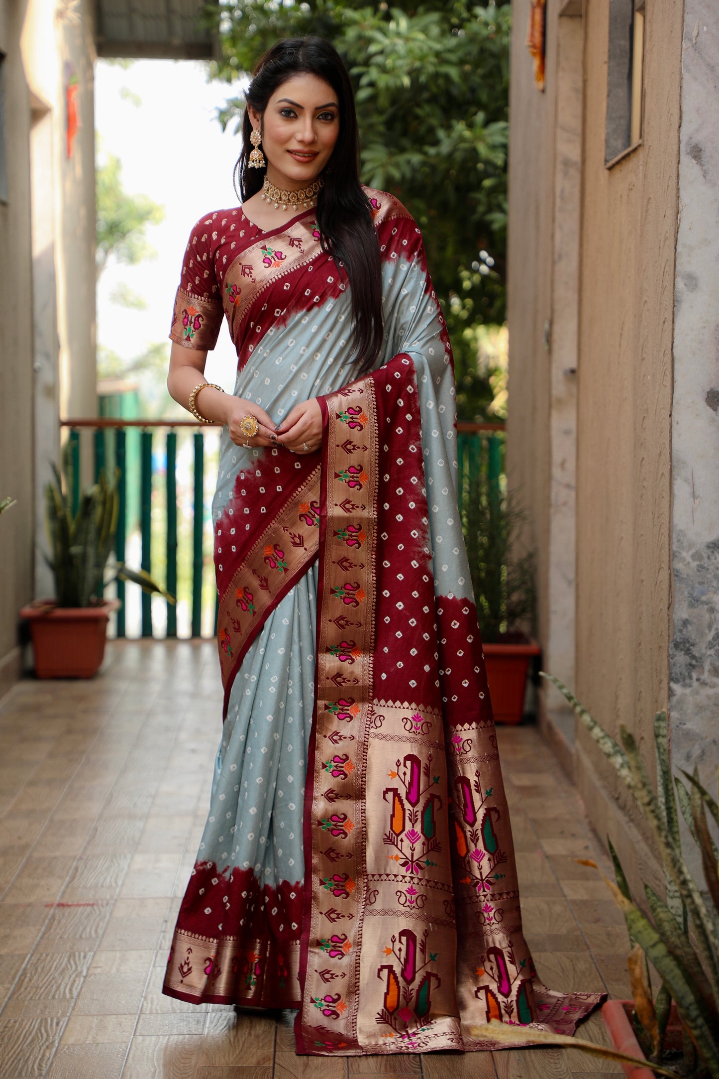 Gray Chandani Dola Soft Silk Bandhej Sarees Jari Paithani Weaving Border & Weaving Paithani Style Rich Pallu