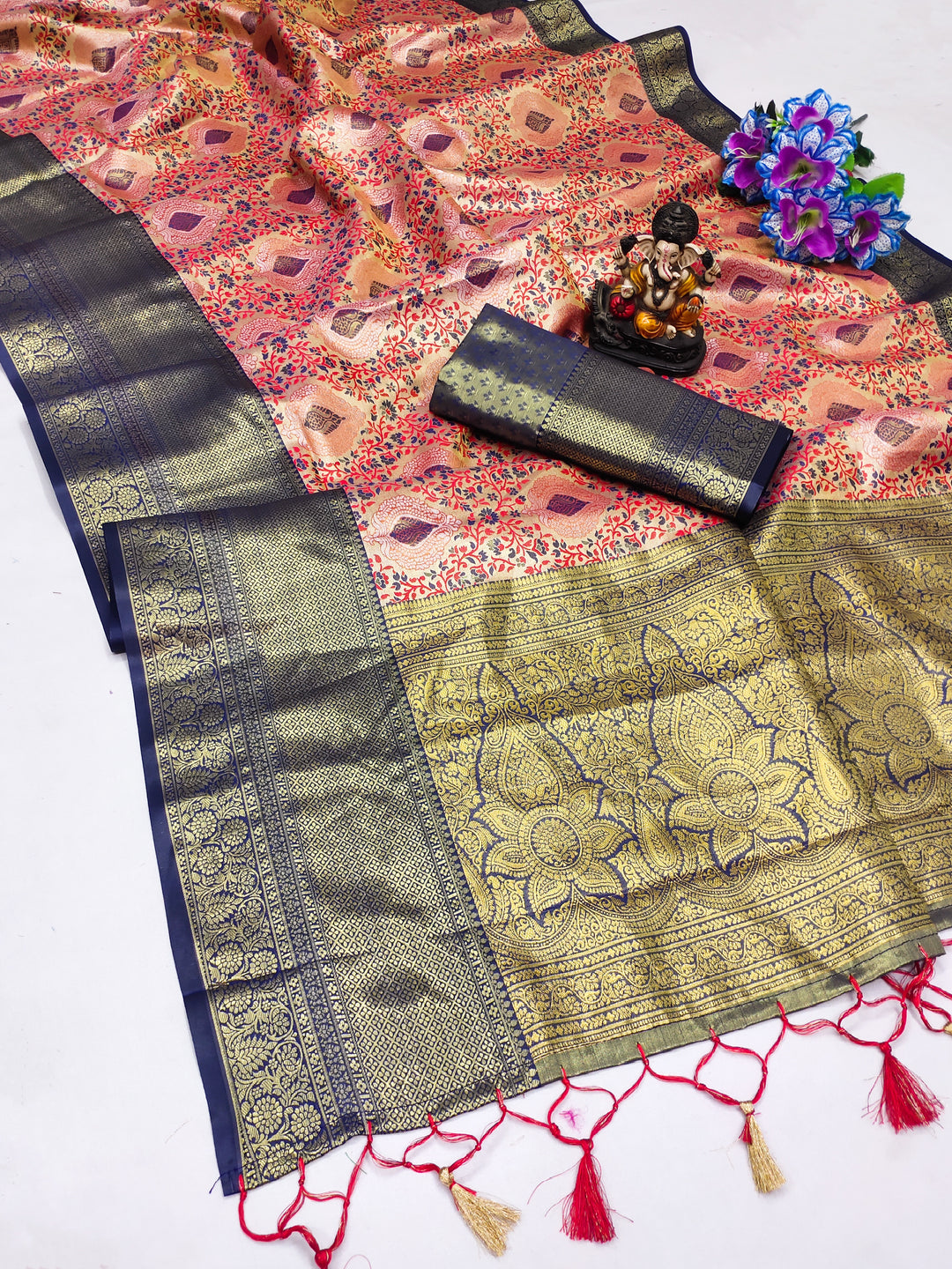 Peach-Blue Draupadi Pure Kanjivaram Silk Saree Super Soft & Silky