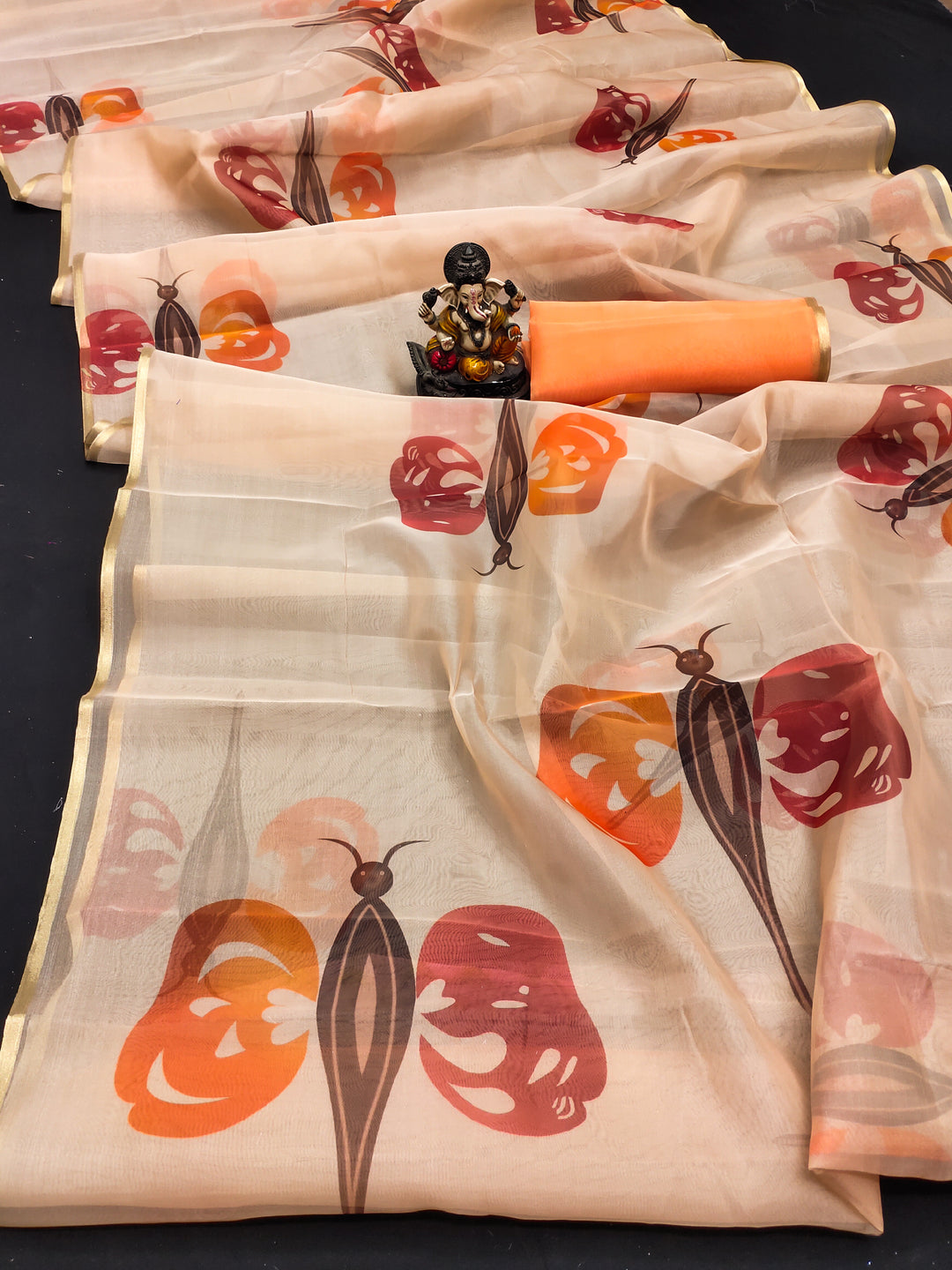 Orange Vrinda Organza Digital Print Soft Shiny Art Silk Saree With Inspired Gold Border