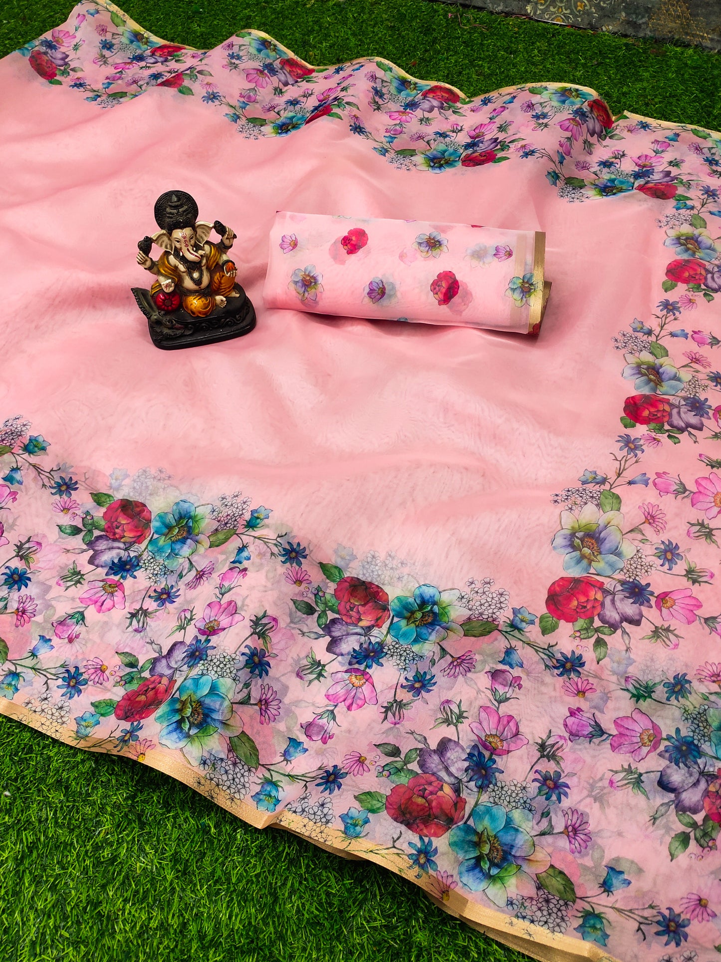 Light Pink Kesariya Organza Digital Print Soft Shiny Art Silk Saree With Inspired Gold Border
