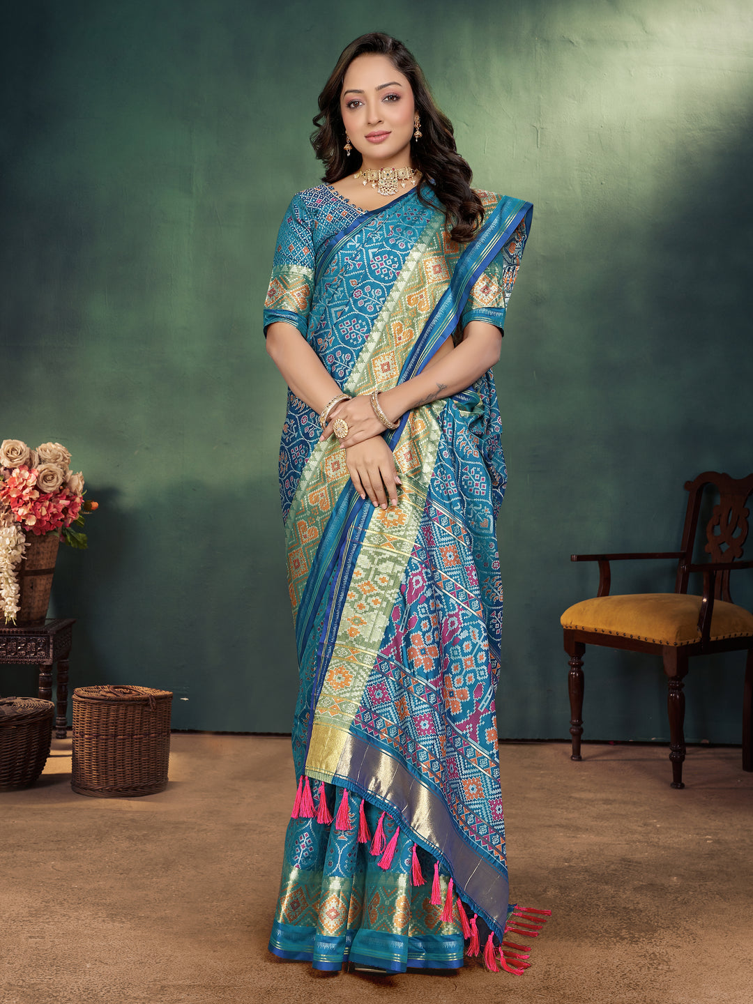 Sky Maya-2 Pure Handloom Silk Ikkat Patola Saree With Kanchi Border and contrast Zari border