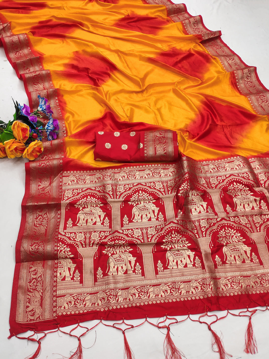 Yellow Prushti Sibori Print Silk Sarees With Gold Zari Minakari Border & Contrast Rich Pallu