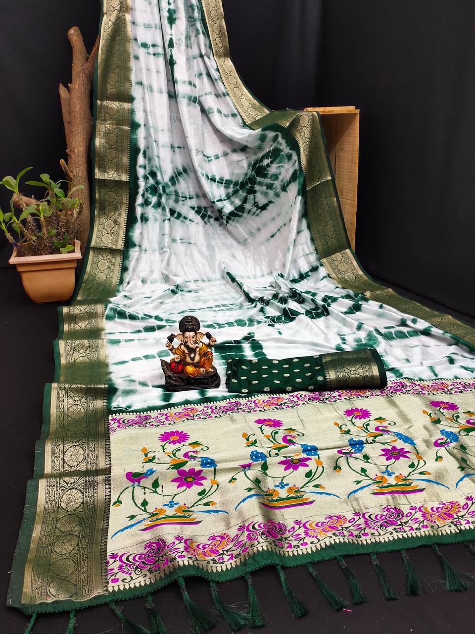 Green Arpita Sibori Work With Soft Dola Silk With Zari Border & Zari With Meena Rich Pallu