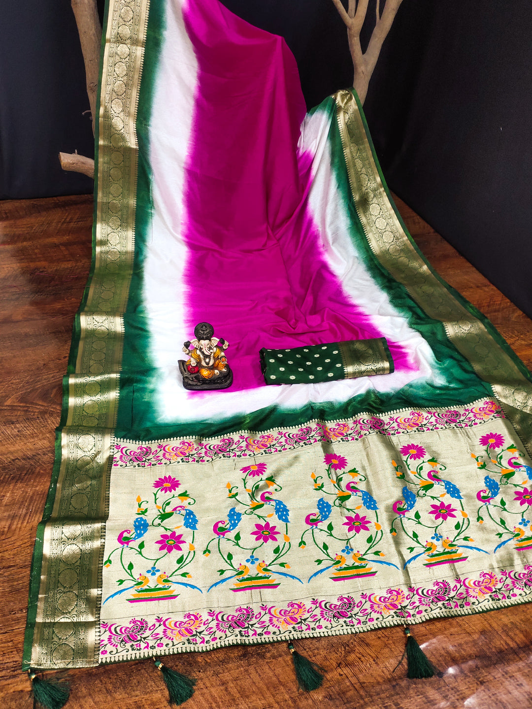 Pink Rukmani Pure Paithani Saree Contrast Woven Borders And Classic Paithani Pallu