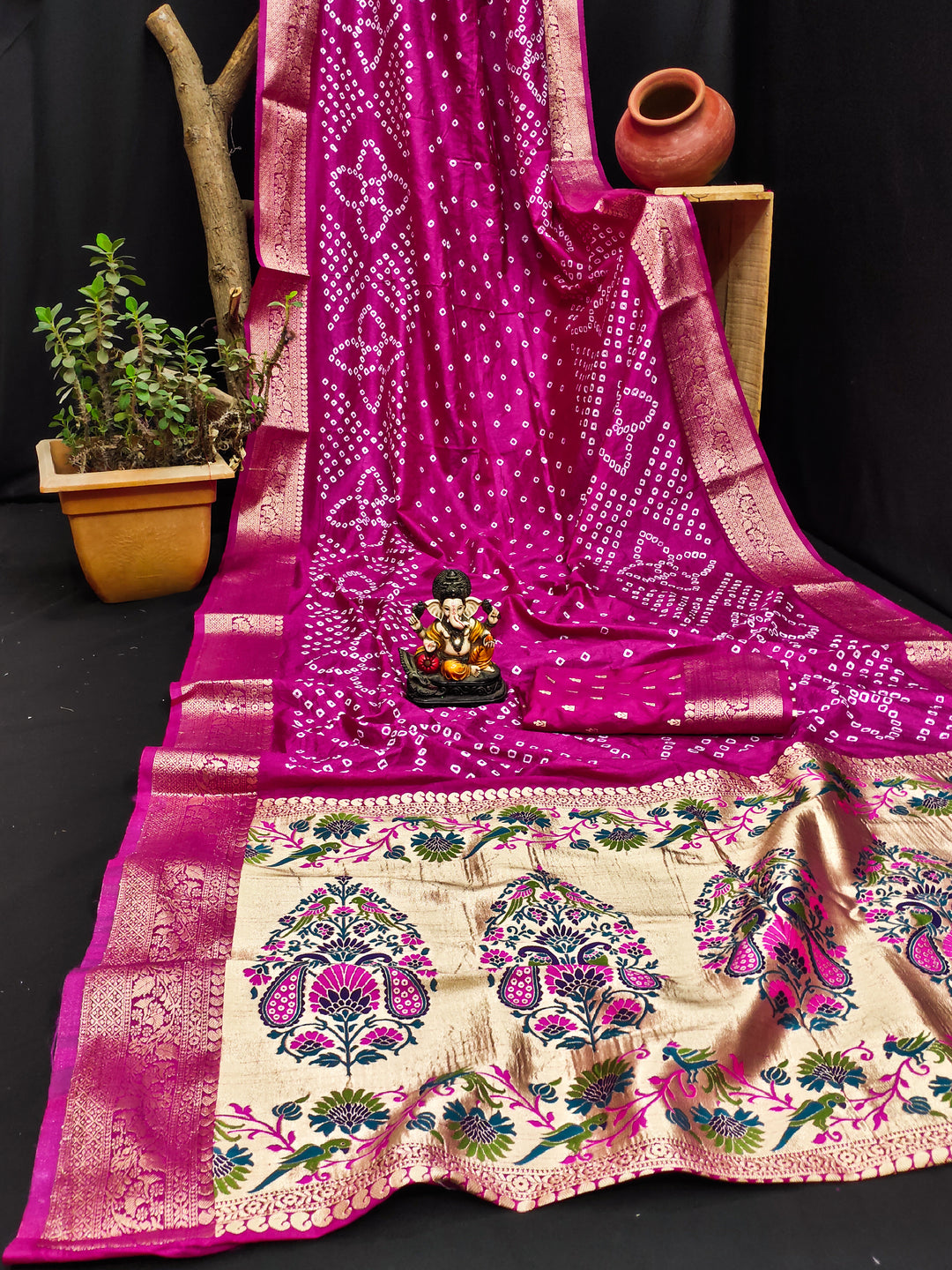 Pink Subhadra Bandhej Kanjivaram Silk Saree With Kanjivaram Border With Zari Paithani Rich Pallu