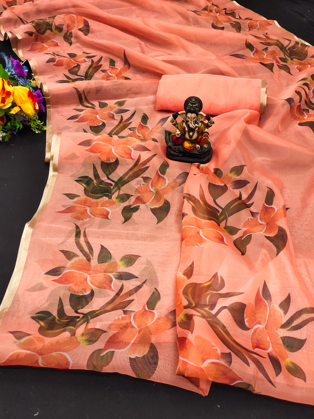 Orange Shehnaz Organza Digital Print Soft Shiny Art Silk Saree With Inspired Gold Border