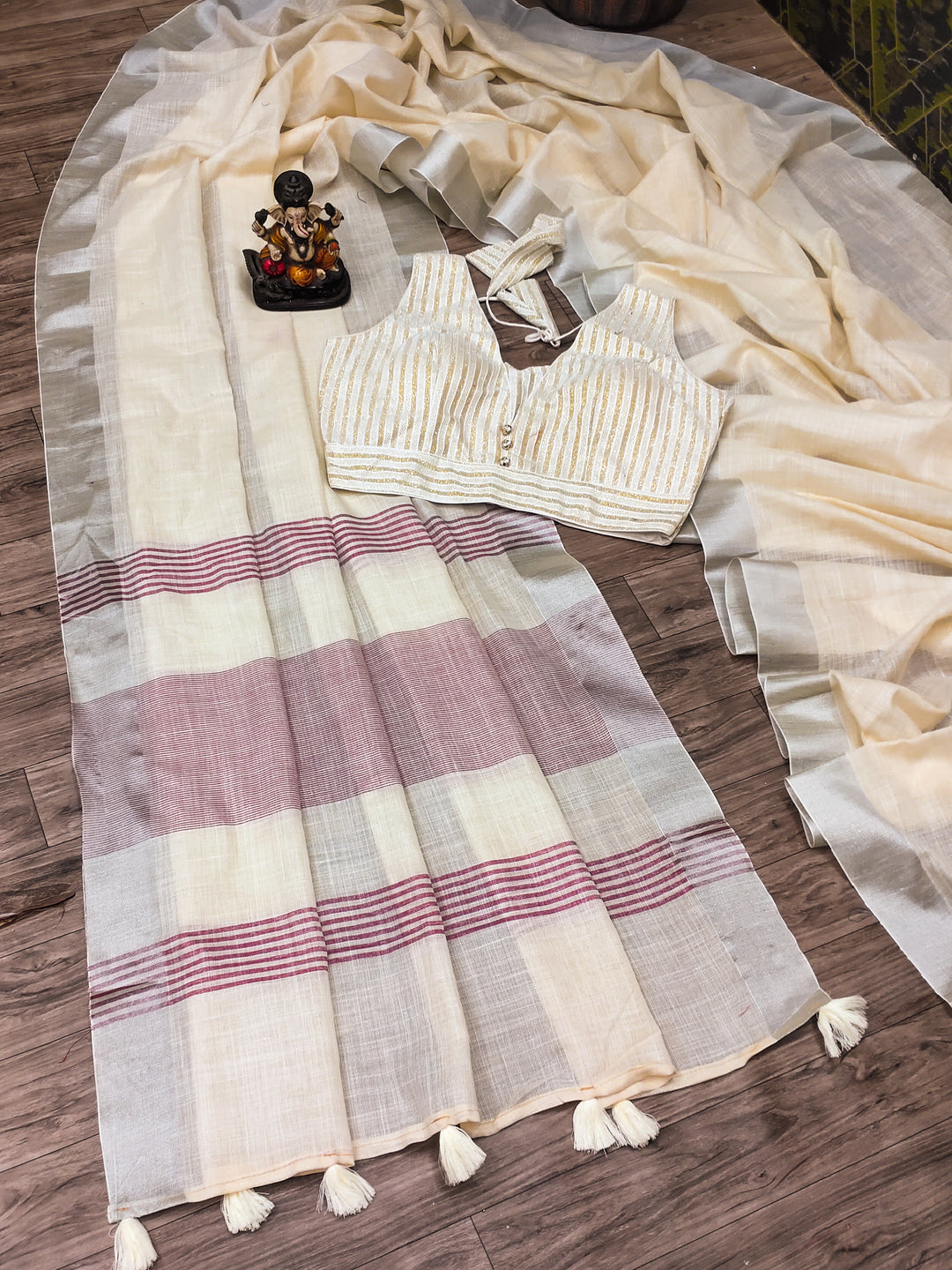 Orange Morni-1 Linen Soft And Smooth Saree With Silver jari weaving Border