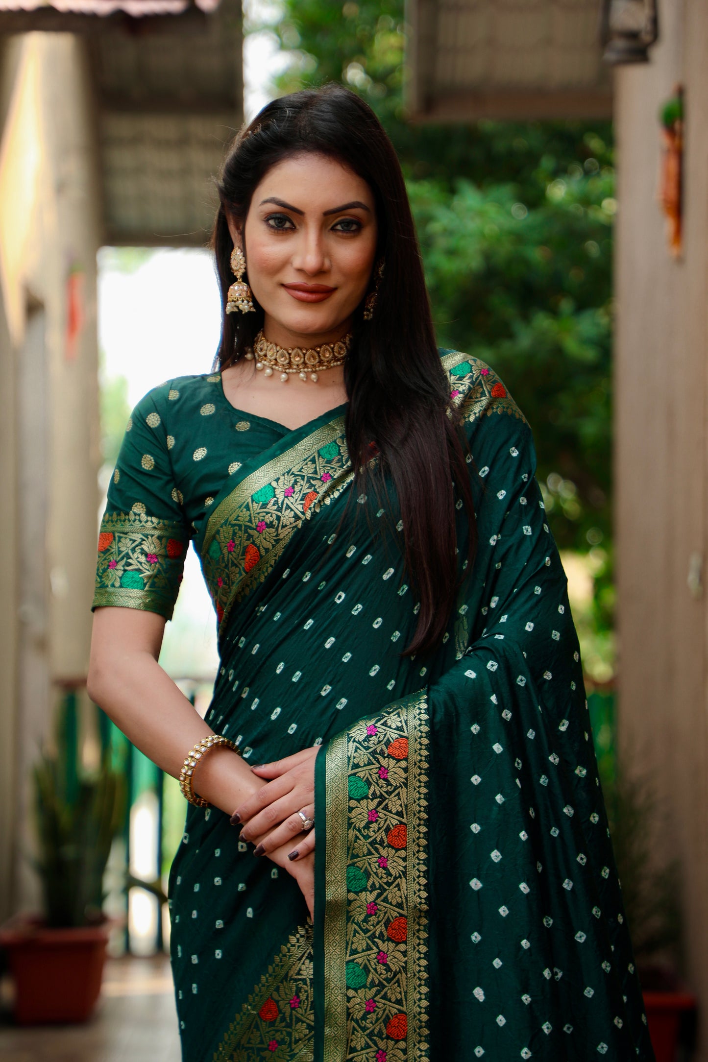 Green Nazakat Pure Bandhej Silk Saree With Patola Border Zari Weaving Paithani And Paithani Rich Pallu
