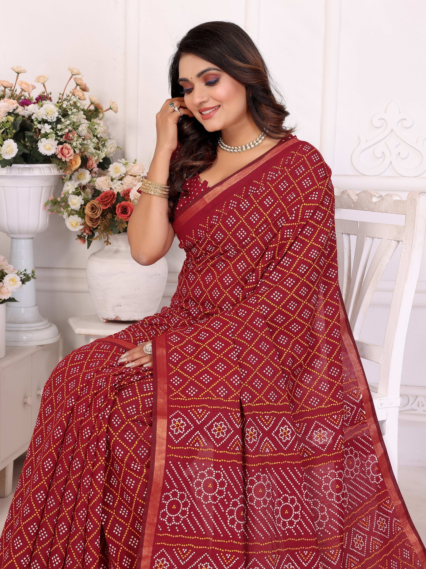 Red Amba Pure Patola And Bandhej Pattern Soft Cotton Light Weight Saree