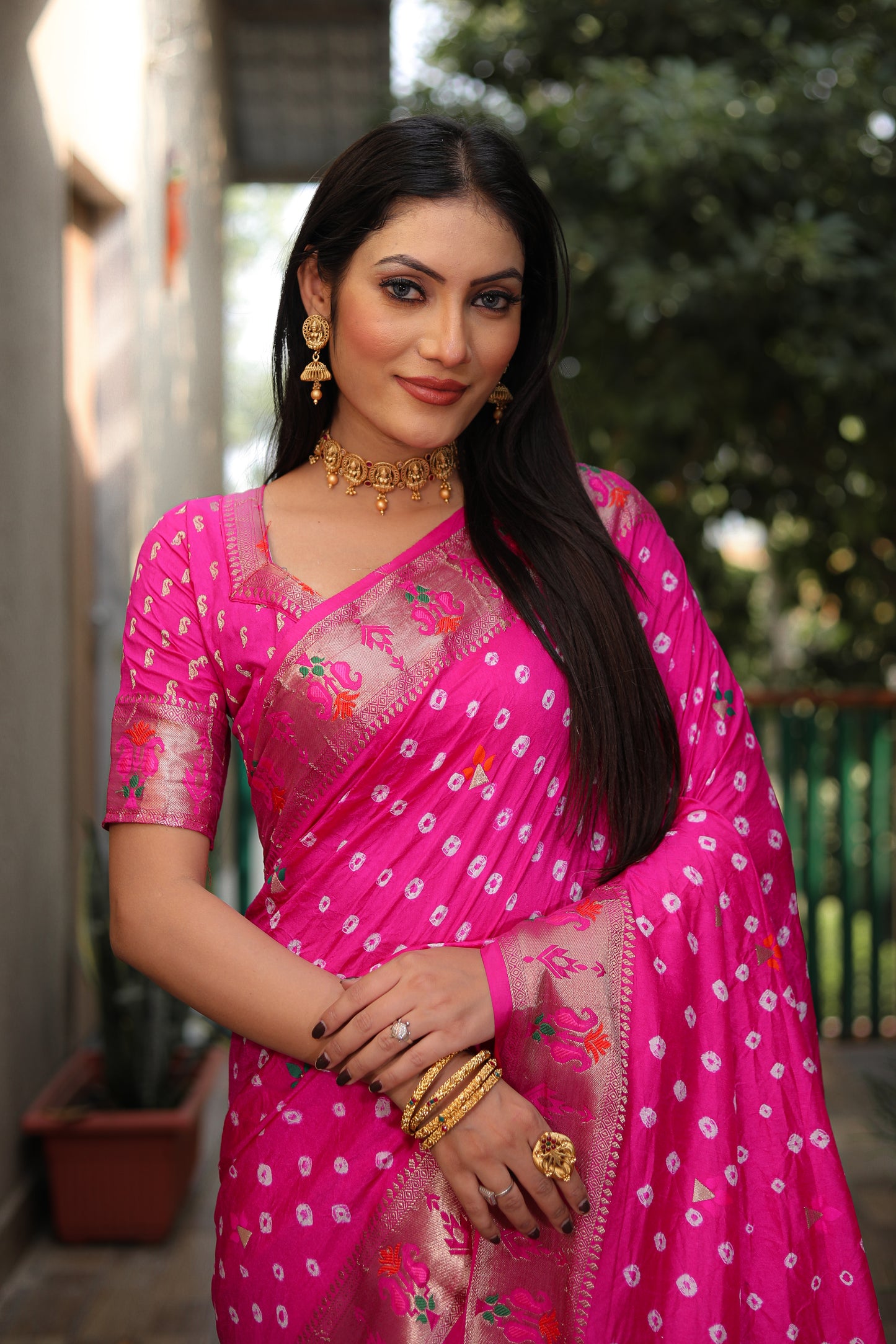 Pink Yogeshwari Dola Soft Silk Bandhej Saree With Jari Border & Weaving Paithani Style Rich Pallu