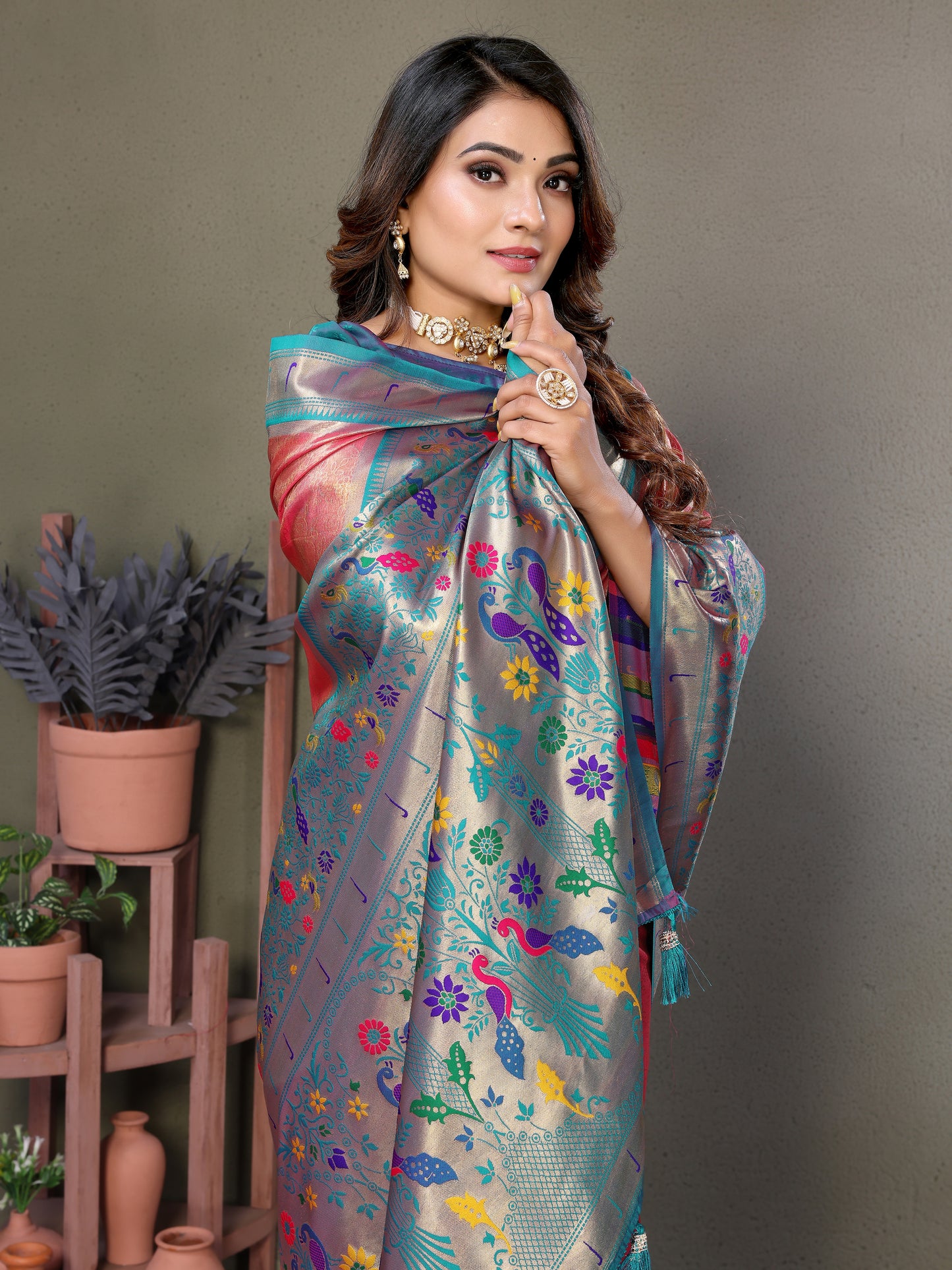 Peach Mrudangi Pure Banarasi Tissue silk sarees contrast Paithani woven border classic pallu