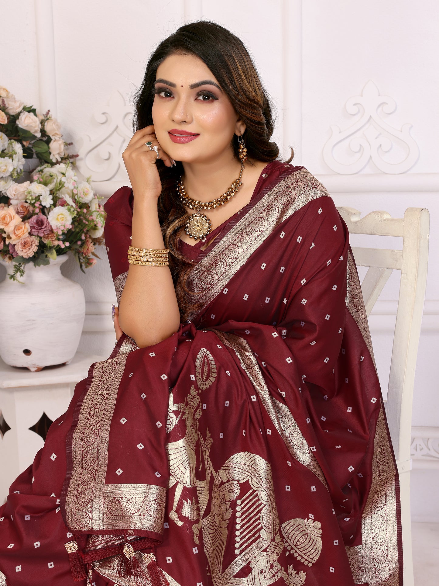Maroon Heena summer kochi silk saree with beautiful Bandhej weaving work soft comfy....