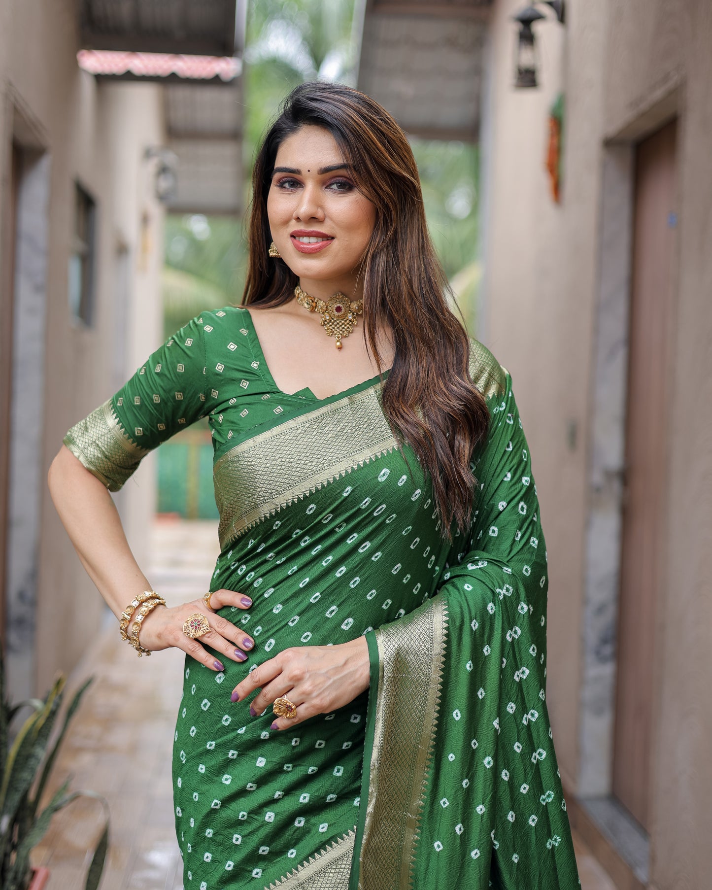 Green Yashomati Dola Soft Silk Bandhej Sarees With Awesome Two Sides Jari Border & Paithani Style Rich Pallu