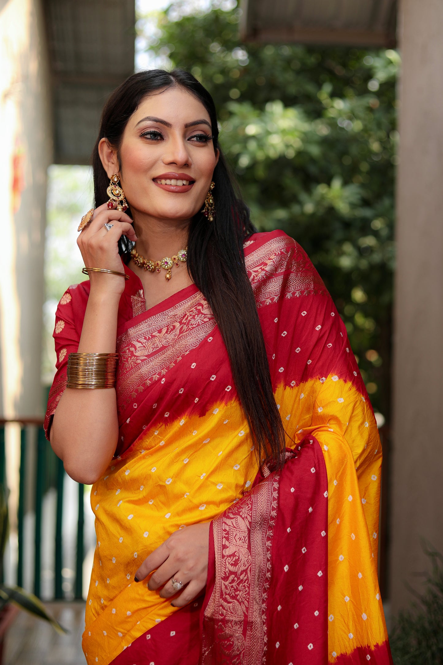 Yellow Vahini Pure Bandhej Silk Saree With Bandhej Border & Zari Weaving Rich Tissue Pallu