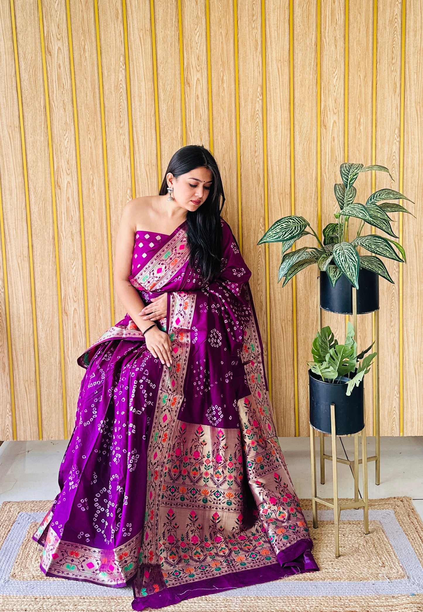 Purple Deewani Pure Bandhej Silk Saree With Patola Border With Zari Weaving Paithani Rich Pallu Saree