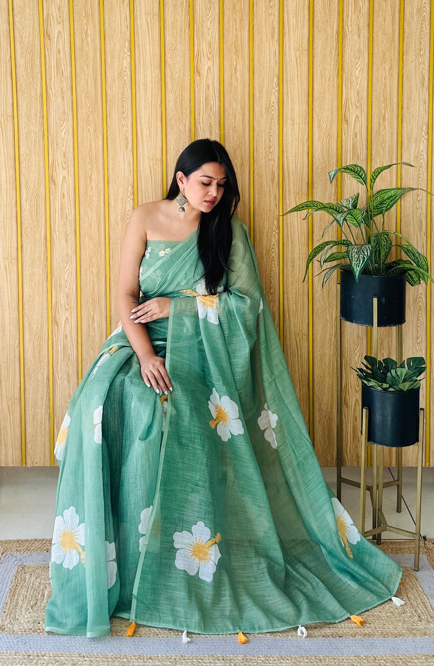 Green Champa-2 Soft Linen Cotton Digital Print Sarees With Flower Print & Printed Pallu
