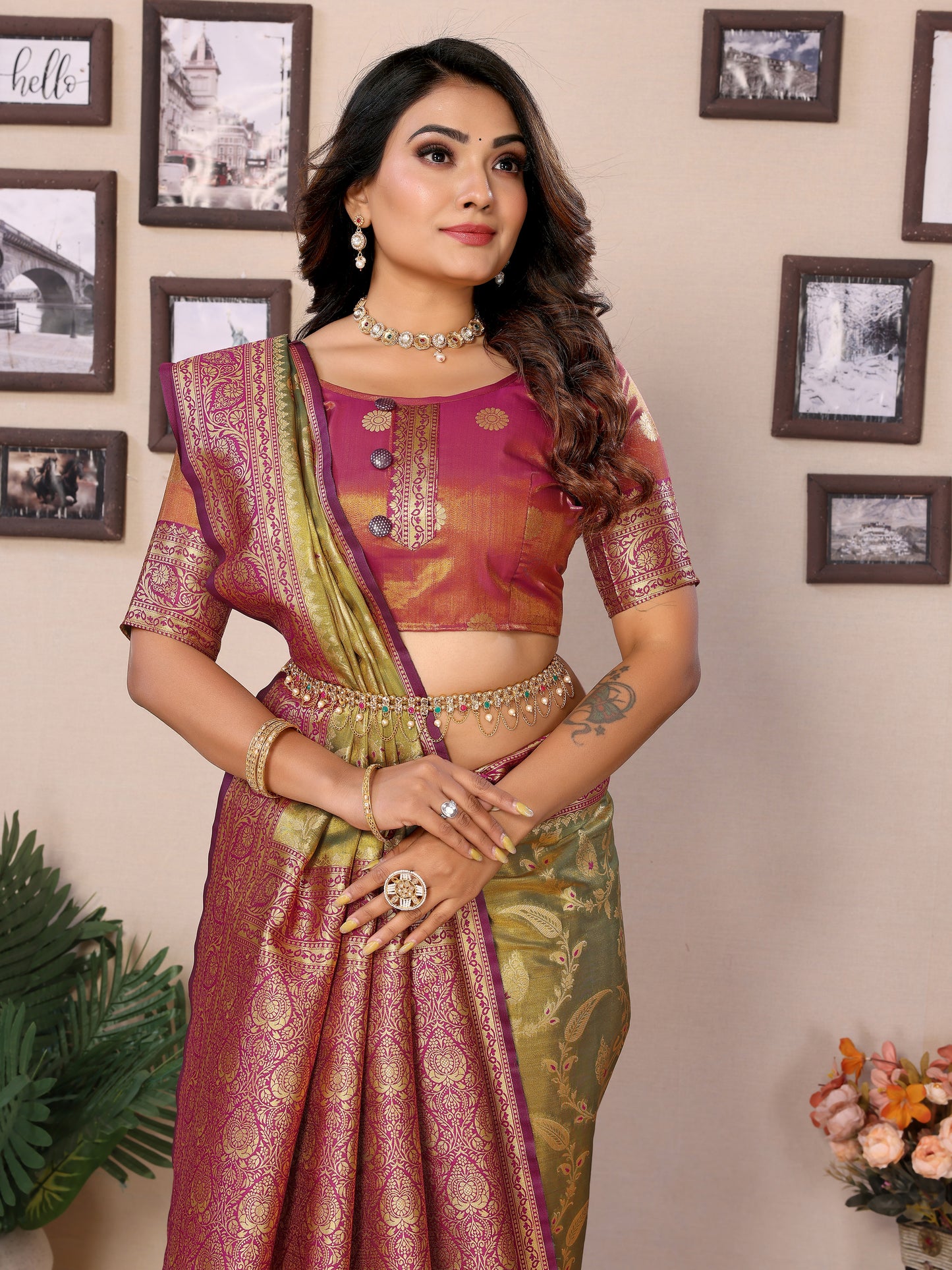 Green Hema pure Banarasi Tissues silk sarees Its soft and silky with Meenkari woven border