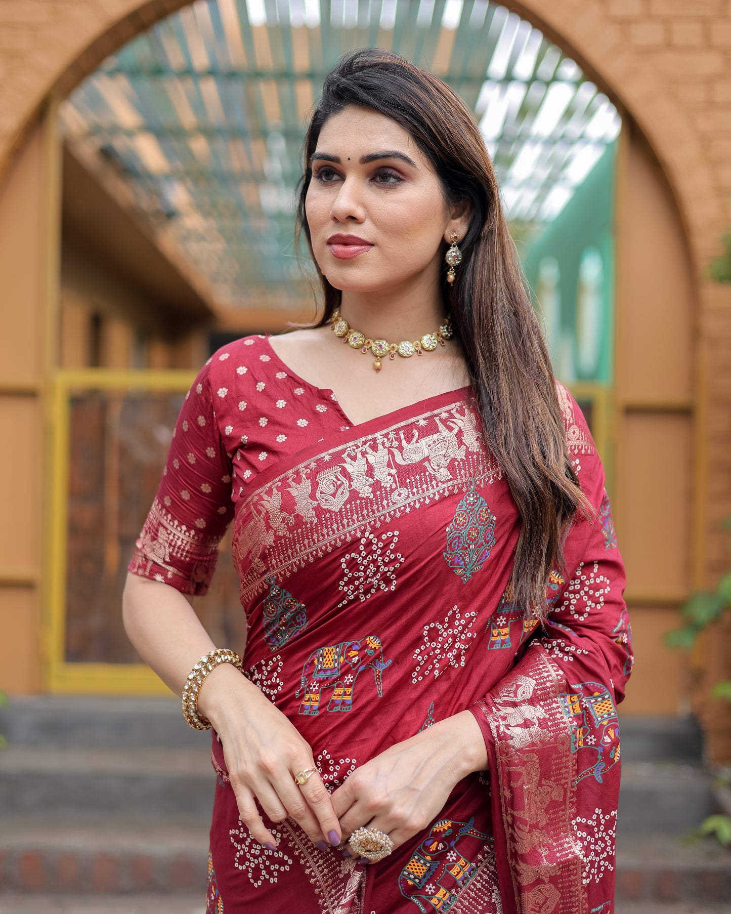 Maroon Mastani Soft Dola Silk Bandhej Print Sarees With Kanchi Weaving Border And Allover Zari Border